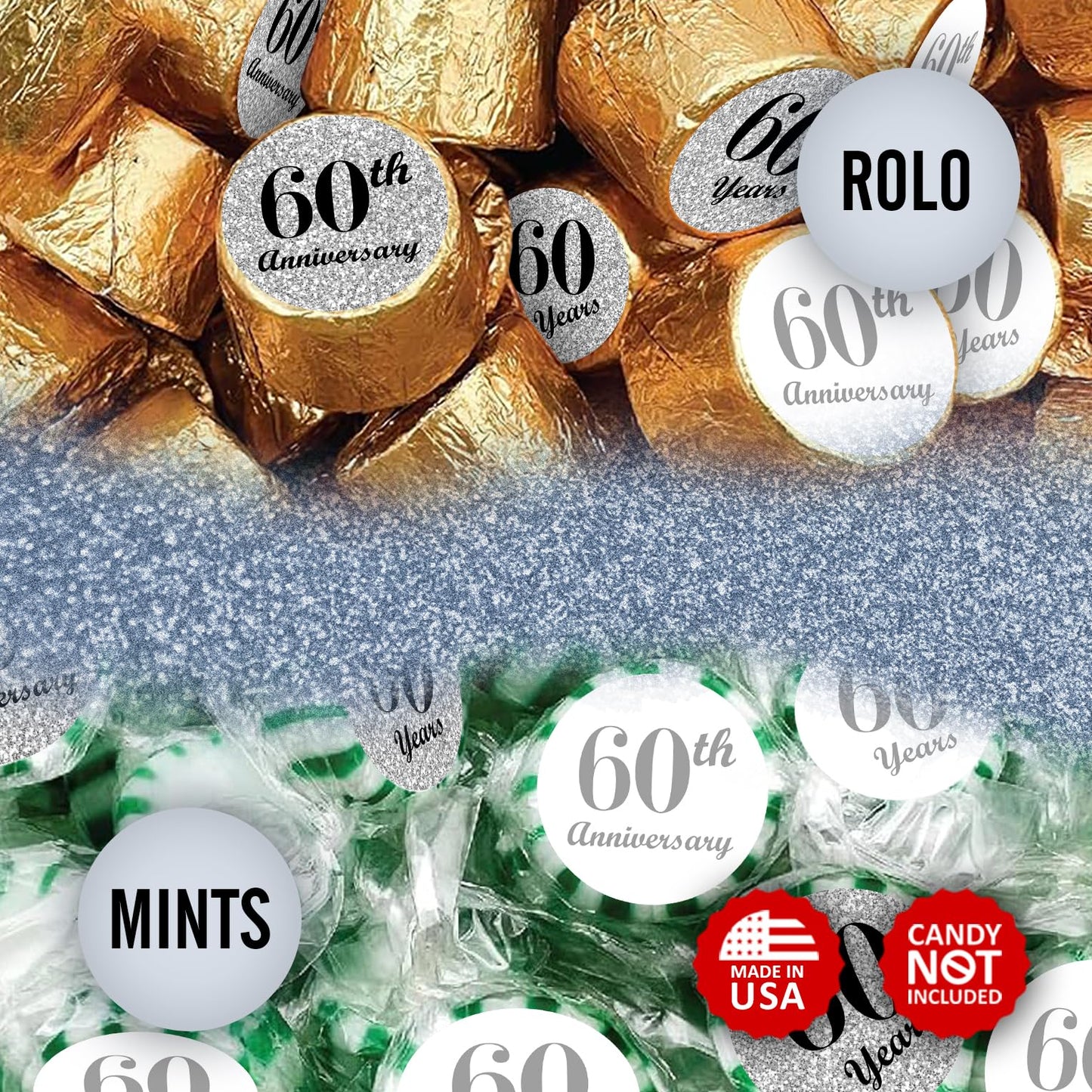 60th Anniversary Kisses Stickers, (Set of 216) Chocolate Drops Labels Stickers for 60 Wedding Anniversary, Party Favors Decor for Kisses. Made in USA