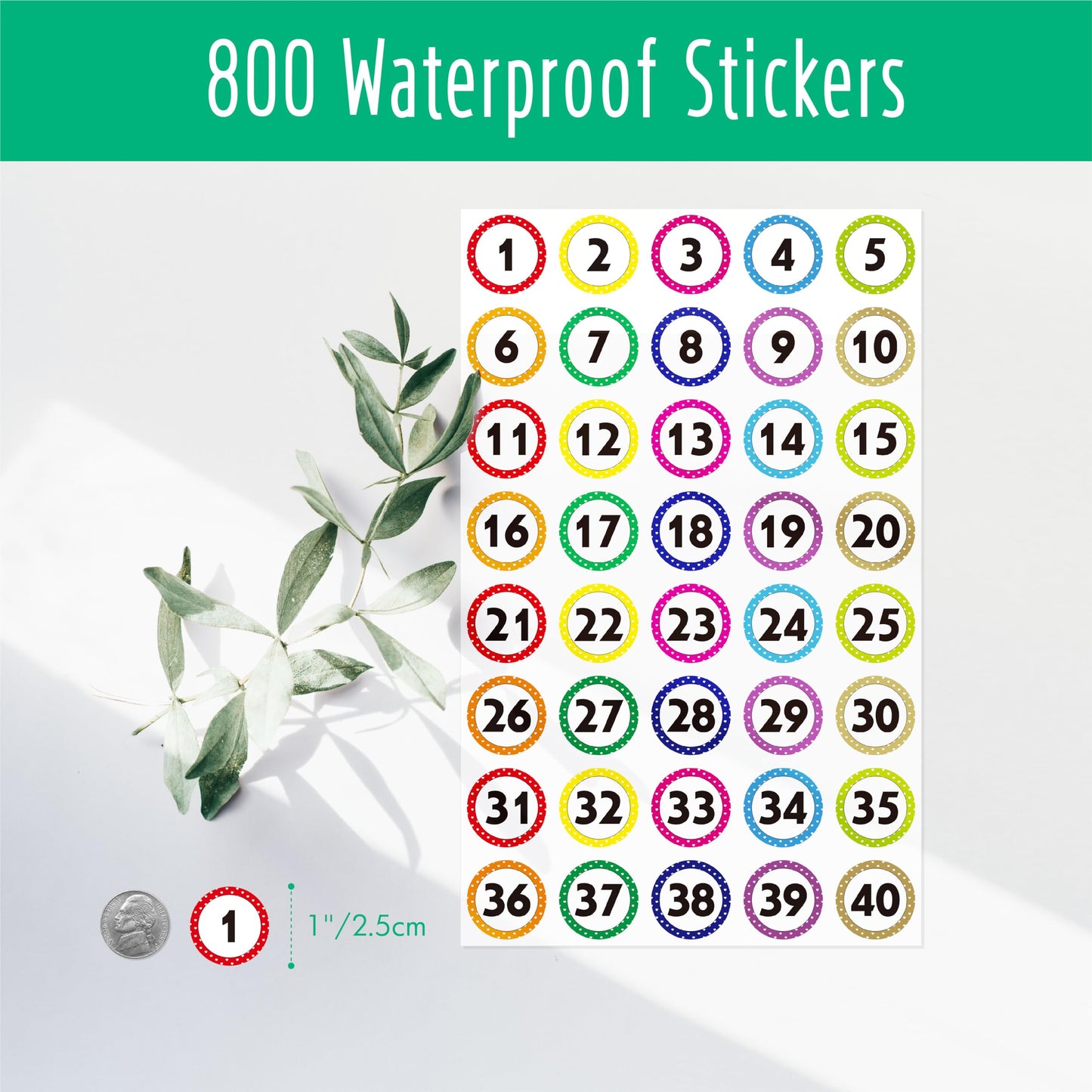 800 PCS 1-40 Number Stickers, Polka Dot Water/Oil/Tear Resistant Consecutive Number Labels, Remove Without Residue for Indoor, Outdoor, Office, Classroom, Storage, Organizing, Boxes (1”, 20 Sheets) 800
