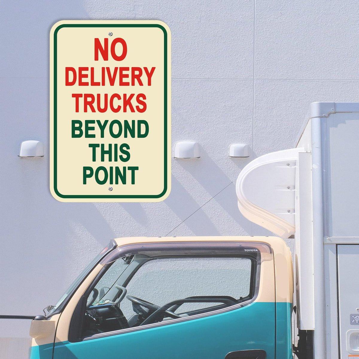 2 Pack No Delivery Trucks Beyond This Point Sign,12×18 Inches No Trucks Warning Road Signs Metal Sturdy Free Rust Aluminum No Deliveries Sign,Weatherproof,Outdoor Use,Easy to Install