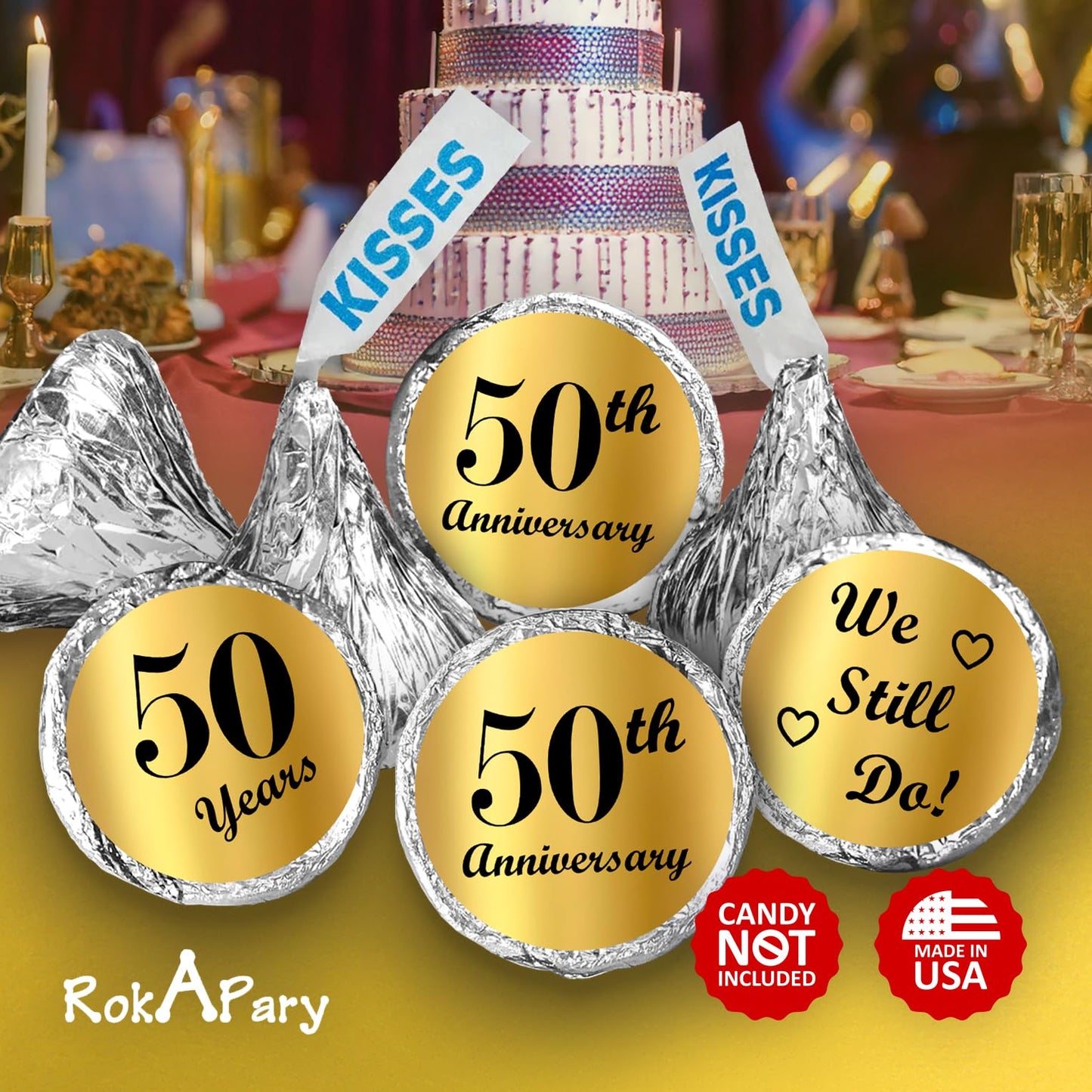 Gold Foil 50th Anniversary Kisses Stickers, (Set of 216) Chocolate Drops Labels Stickers for 50th Wedding Anniversary, Party Favors Decor for Kisses. Made in USA