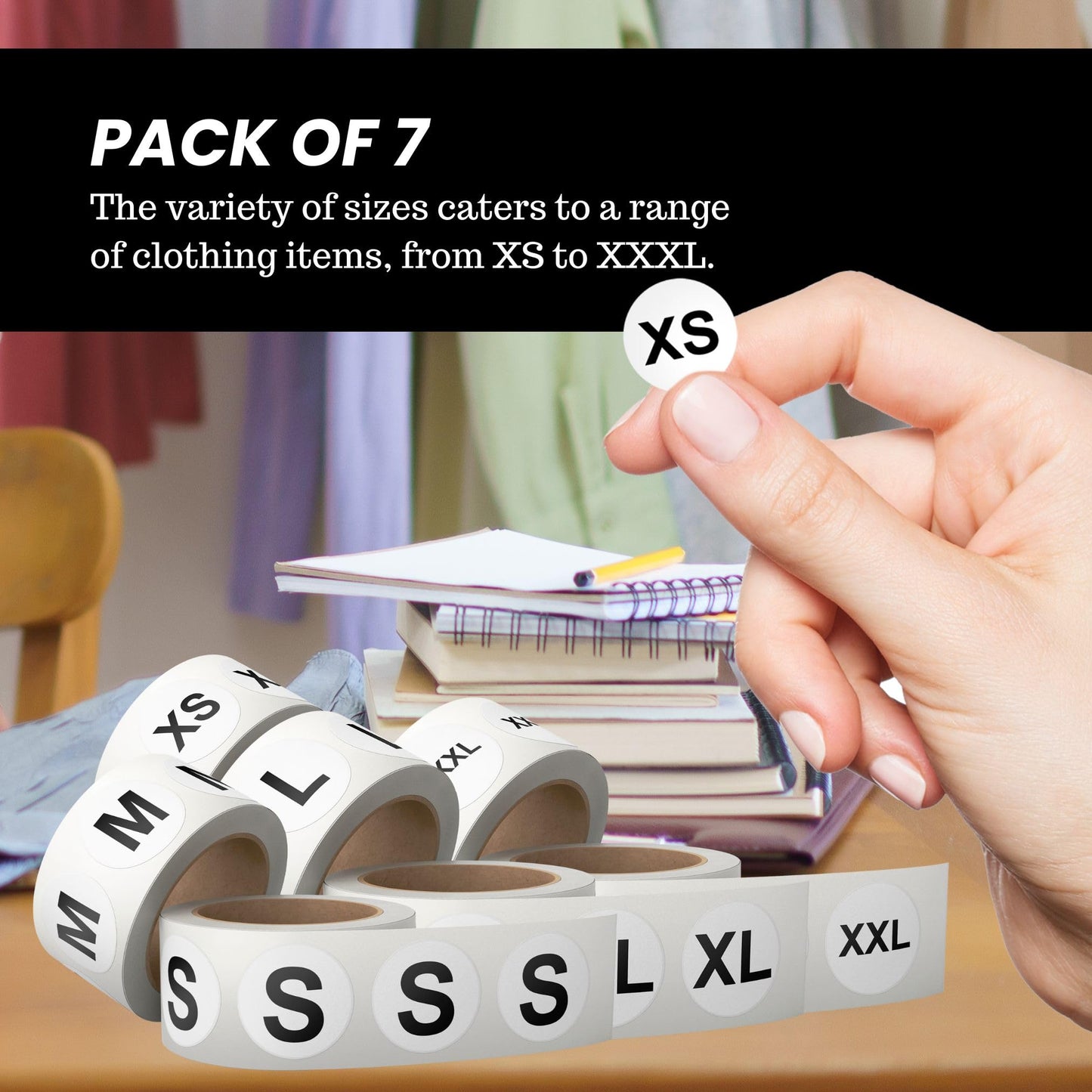 3,500 Pcs Clothing Size Stickers, 3/4 Inch Round Self-Adhesive Labels – 500 Per Roll, 7 Sizes (XS, S, M, L, XL, XXL, XXXL) – White Stickers with Black Text for Clothing and Retail Organization