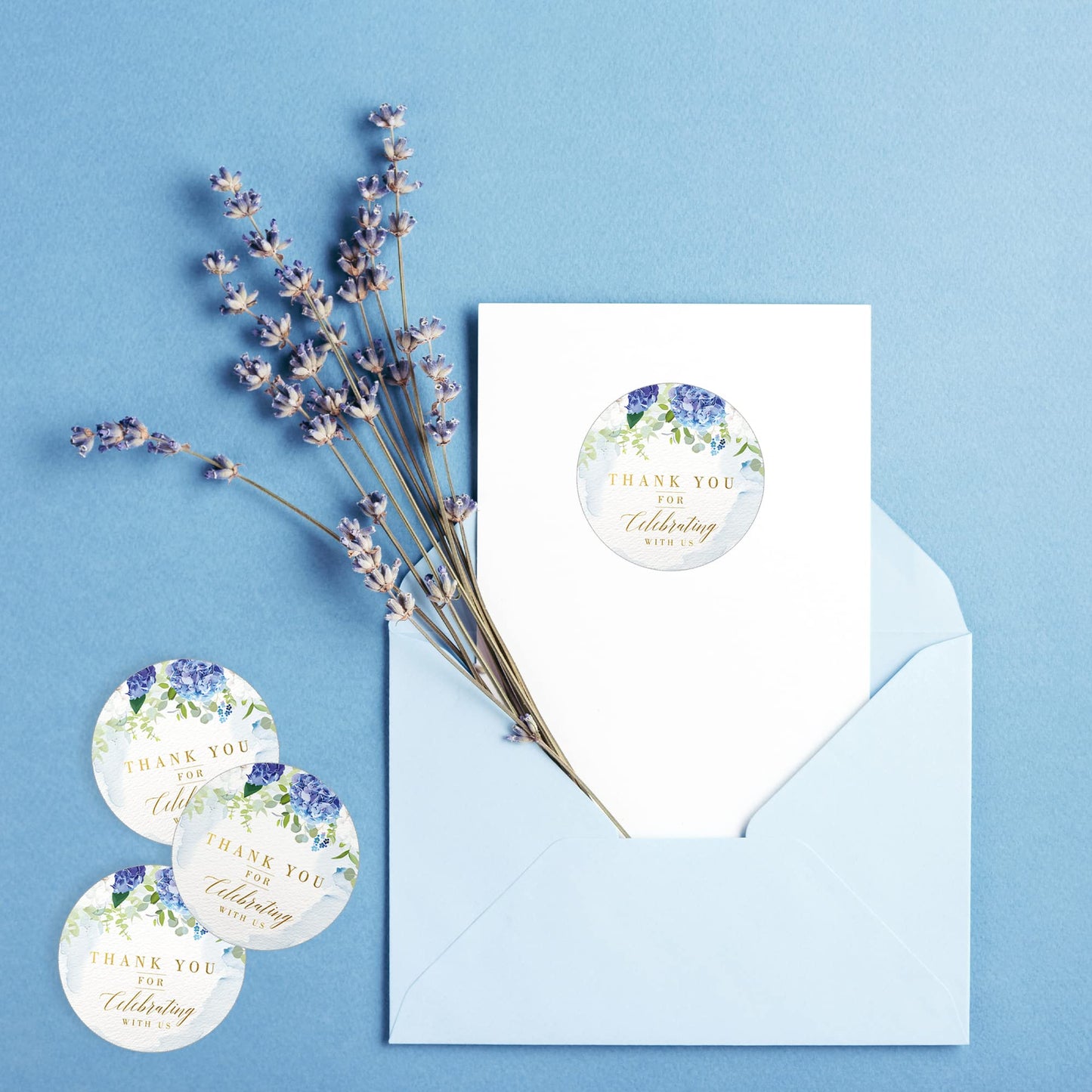 Mobiusea Creation Blue Floral Thank You for Celebrating with us Stickers | 2 inch | Gold Foil | 60pcs Waterproof Thank You Stickers Wedding Labels for Wedding, Bridal Shower, Baby Shower