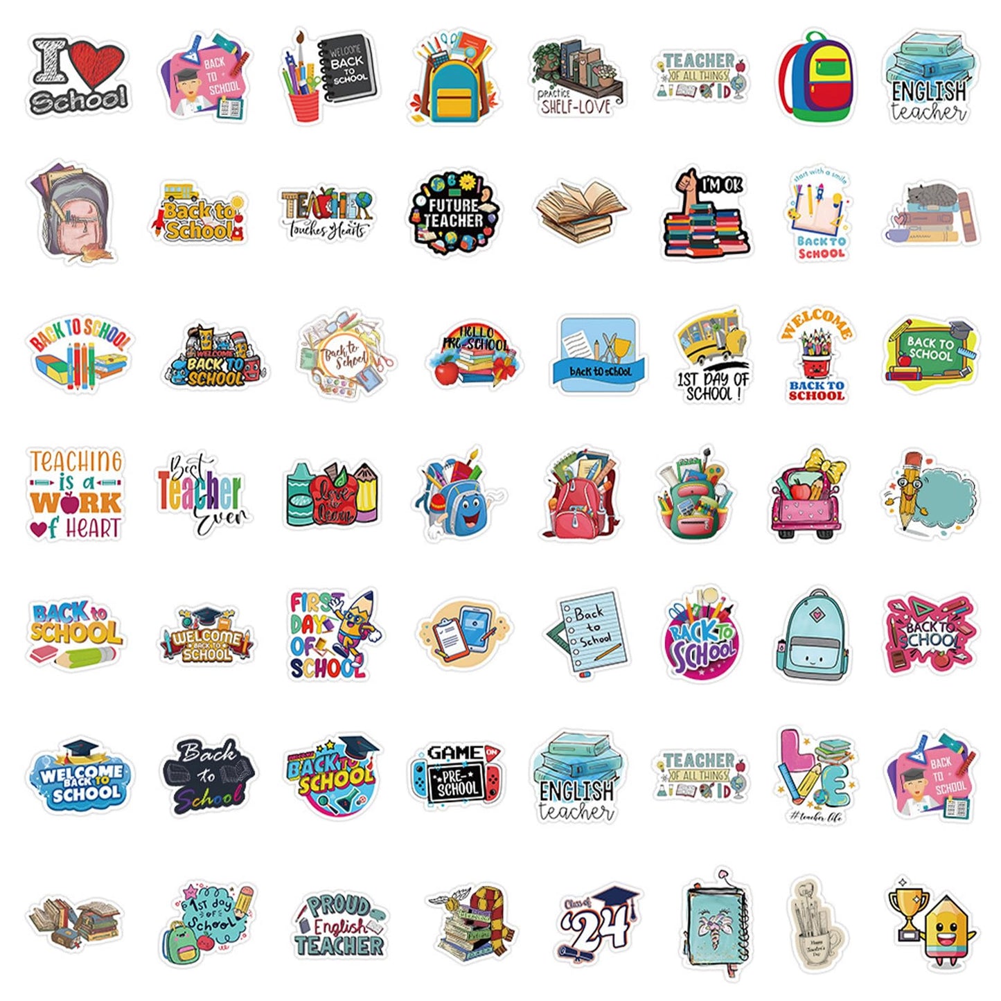 Back to School Gift Sticker Schoolbag Label Stickers Cute Stationery Reward Sticker Bus Book Apple Decals First Day of School Art Sticker Arm Body Accessories for Students 50 Pcs