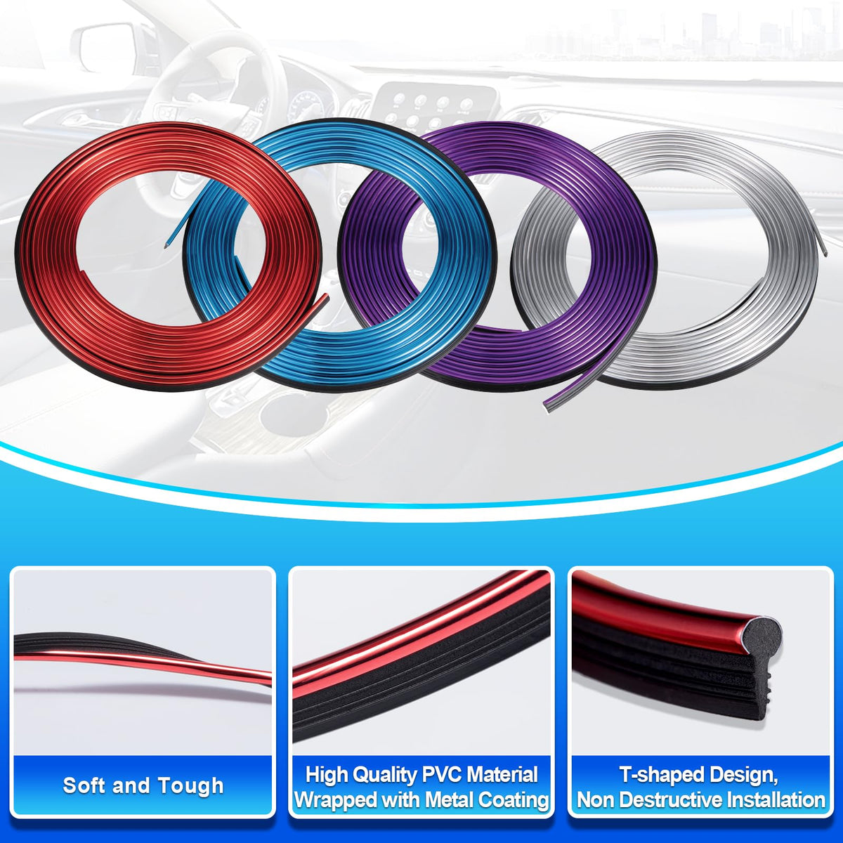 Spurtar 2 Rolls x 33Ft Car Pinstriping Tape Silver & 16.4ft/5M Car Interior Trim Strips Red