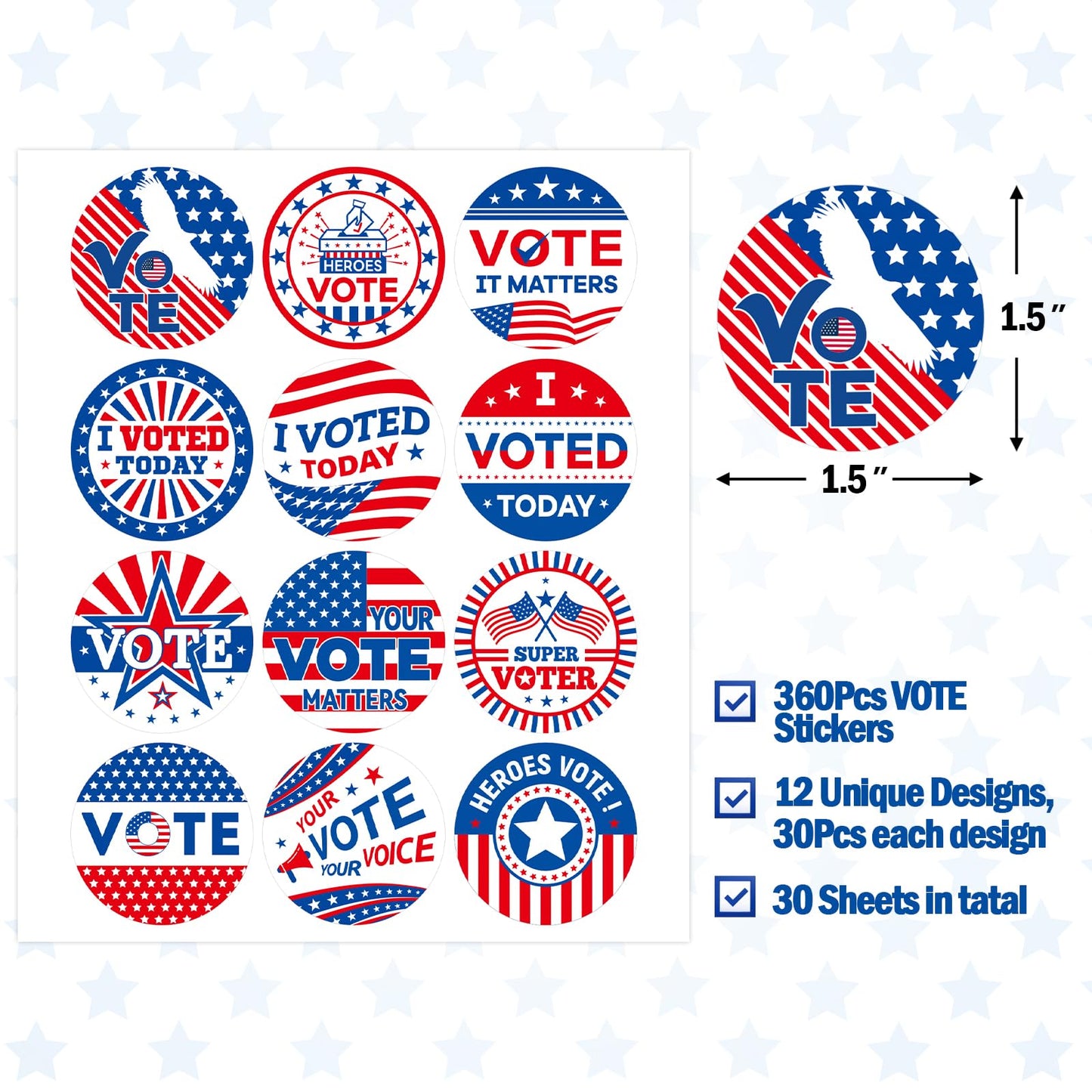 360 Pcs I Voted Today Stickers 1.5 Inch Round I Voted Stickers with Red, White, and Blue for Election Day