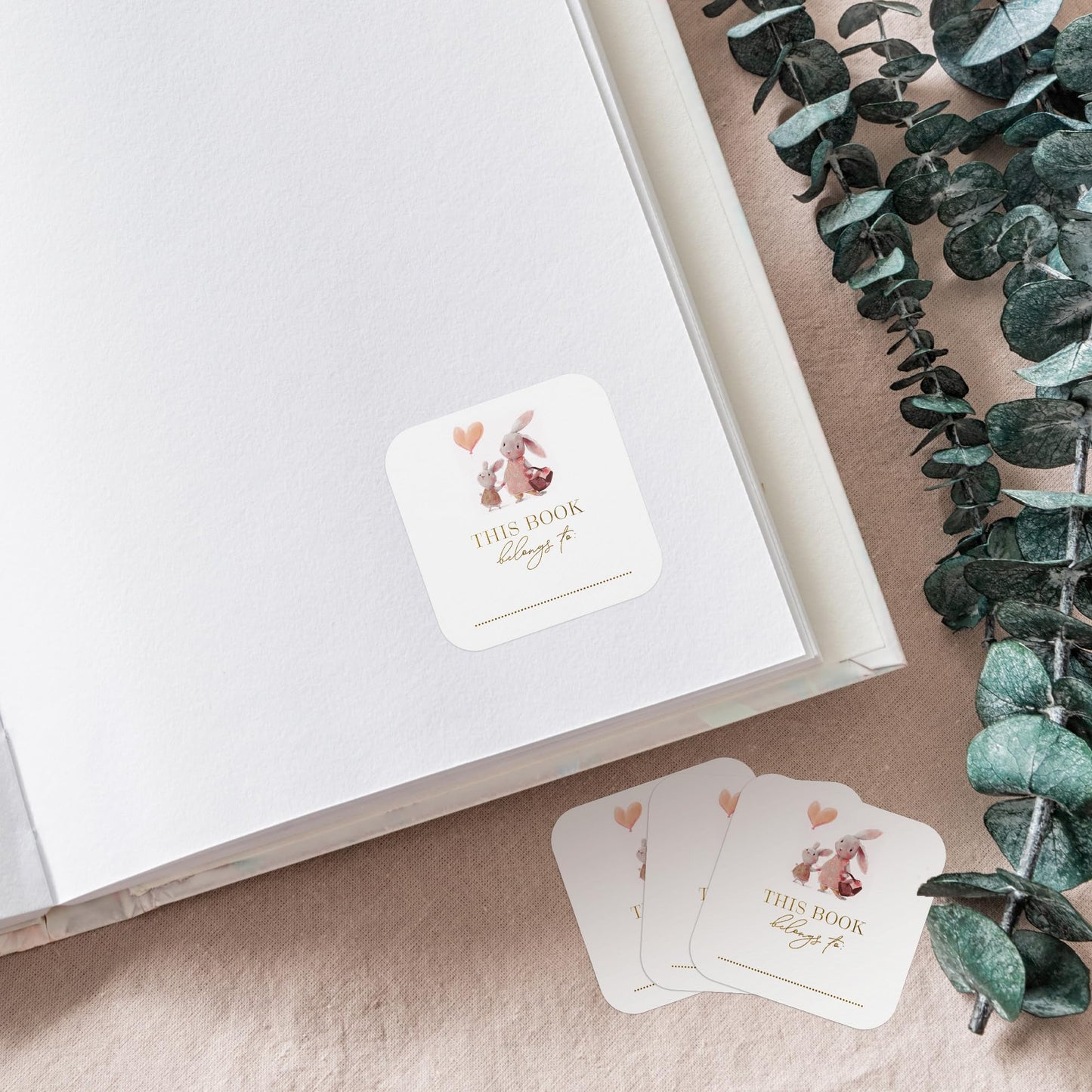 Mobiusea Creation Bunny Design This Book Belongs to Stickers | Bookplates Labels | 2 x 2 Inch | Gold Foil | 60pcs Stickers for Name Plates for Books and Bookplate Labels