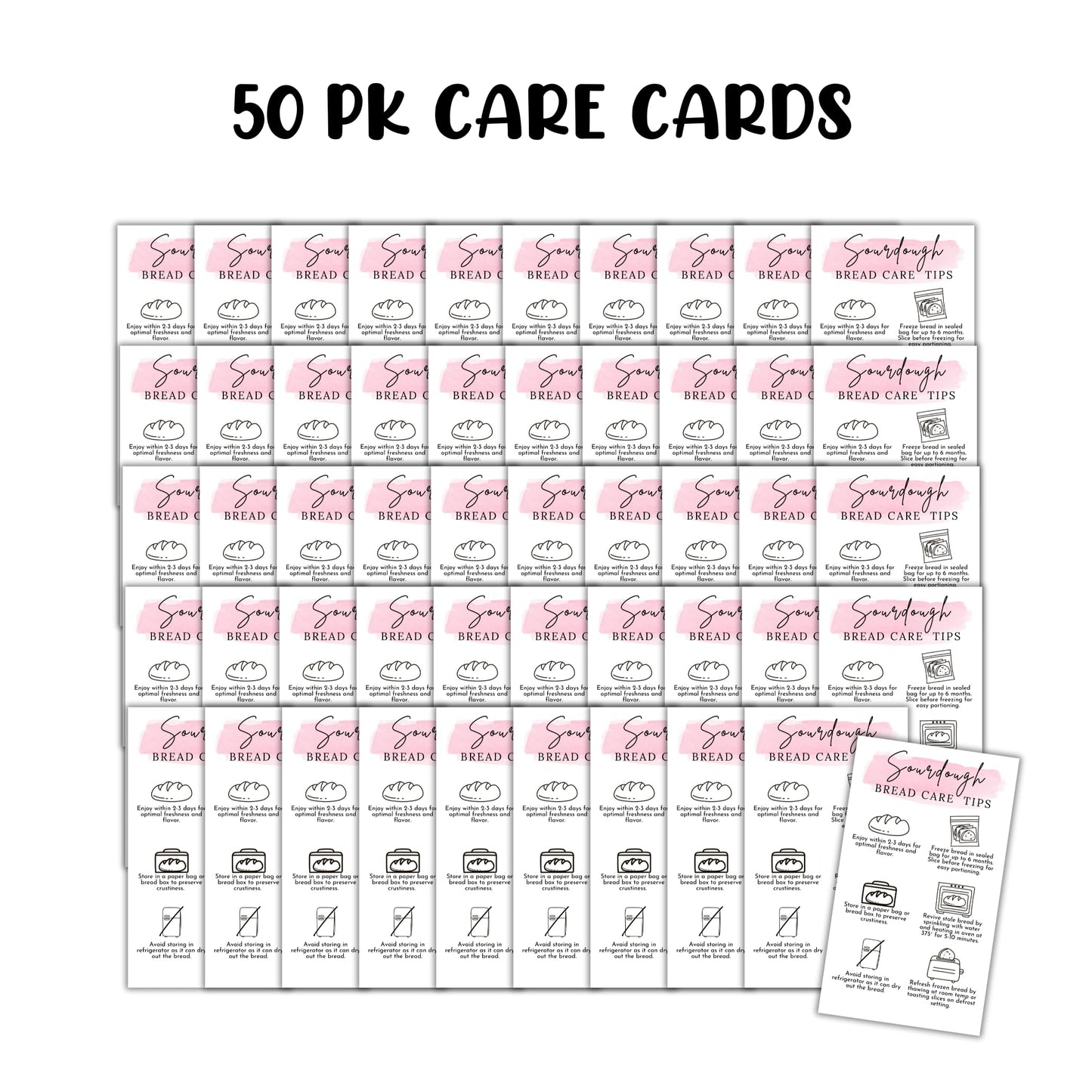 Sourdough Bread Care Instruction Cards | 50pk 2x3.5” Storage Bakery Starter Client Packaging Cinnamon Roll Labels Tips Store Labels Stickers