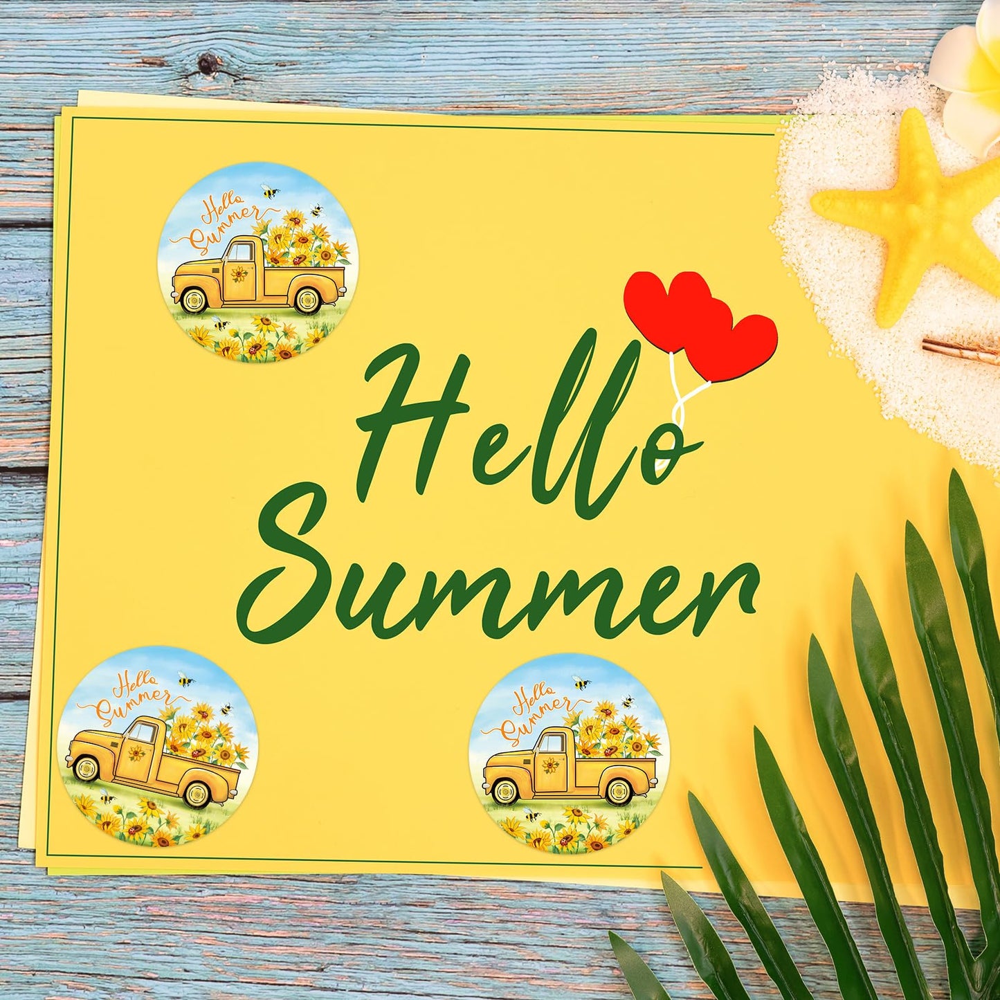 500PCS Hello Summer Label Sticker Roll, 1.5 Inch Round Sunflowers Stickers for Kids, Happy Summer Holiday Stickers Greeting Cards, Gift Boxes Decorations, Party Favors, Sealed Envelopes Trucks and Sunflowers