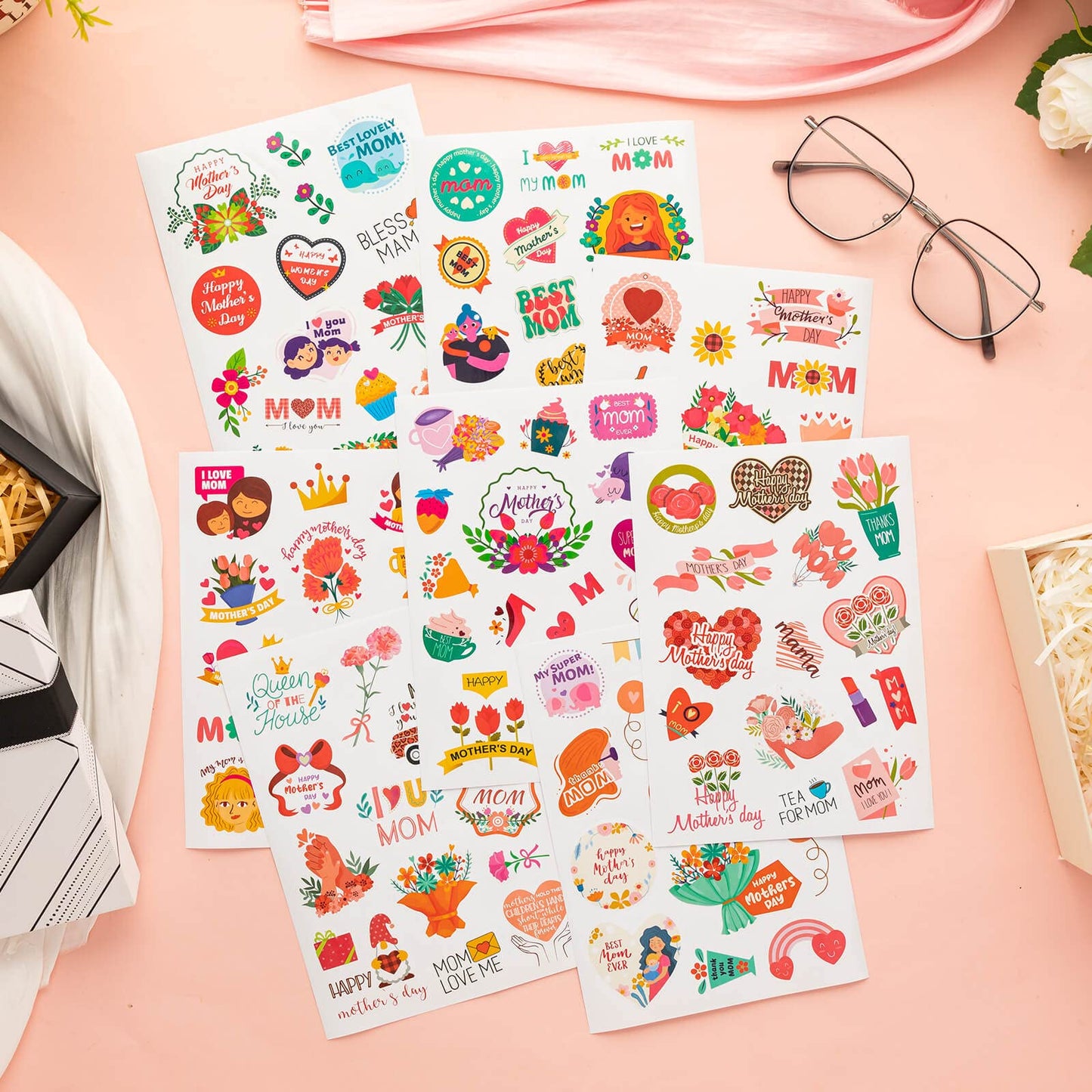 Happy Mothers Day Stickers, 16 Sheets Cute Mom Stickers for Mother's Day Gift Cards Labels Party Gift Decorations