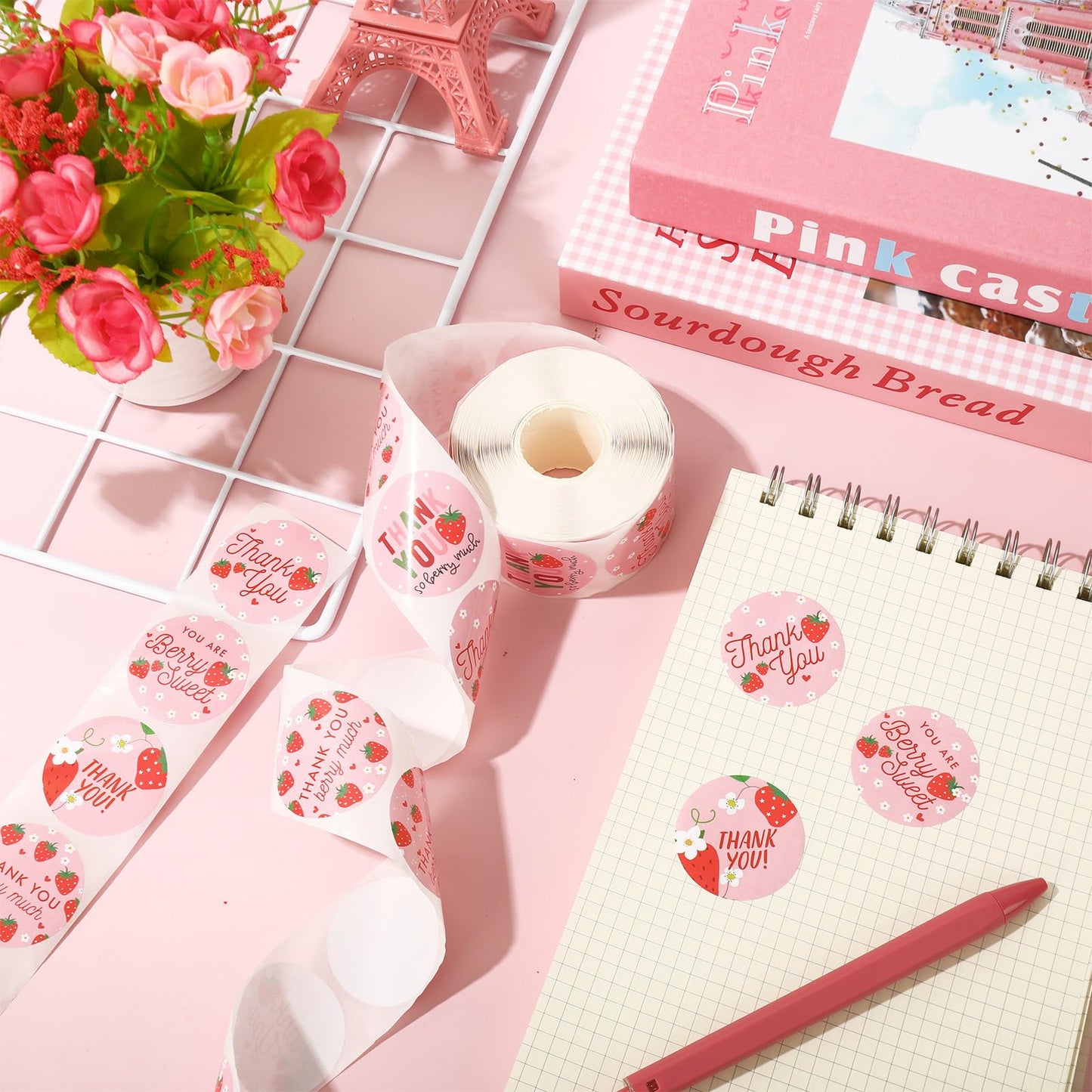500Pcs Strawberry Thank You Stickers Pink Fruit Decorative Decal Roll 6 Designs Self-Adhesive Sealing Labels for Summer Birthday Baby Shower Party Supplies