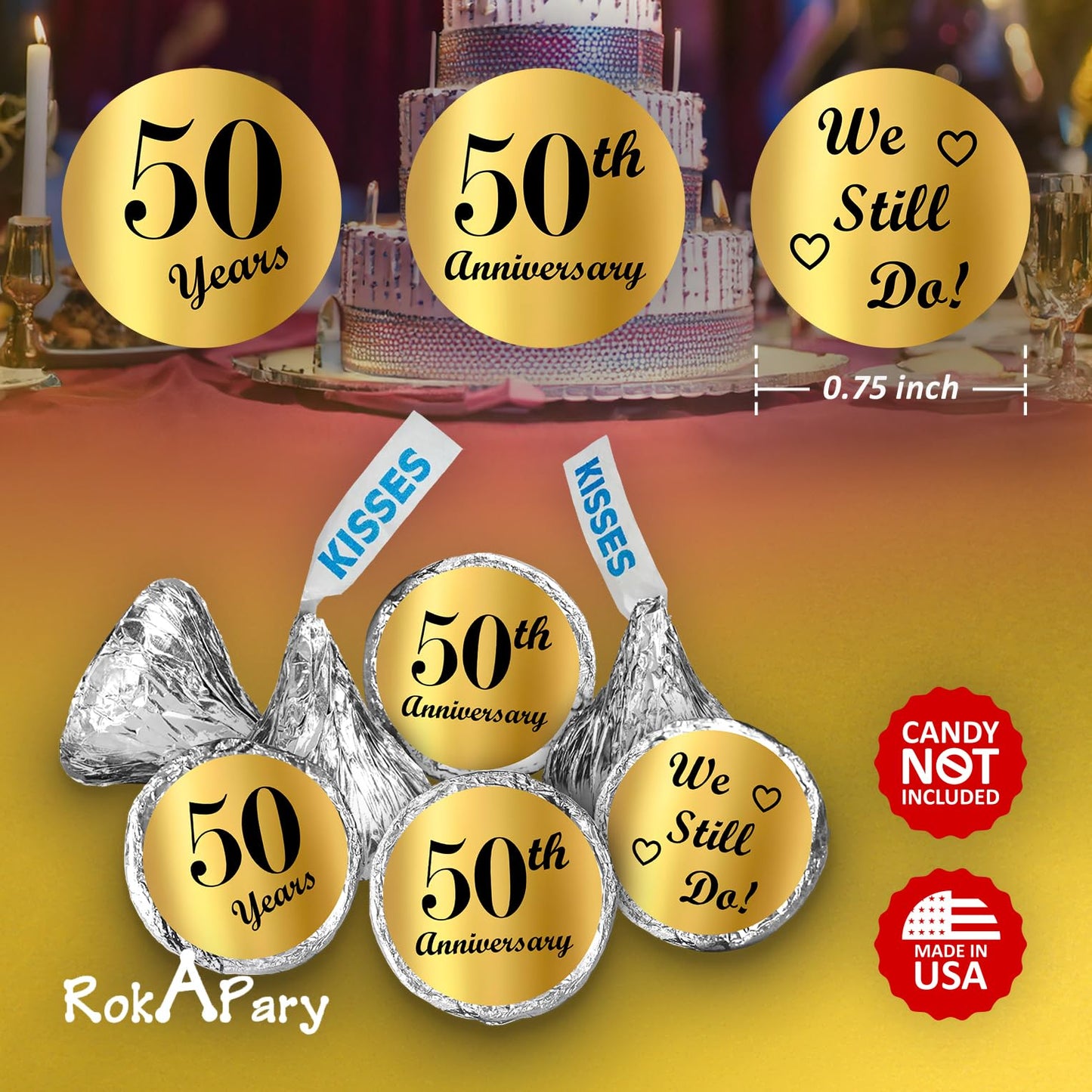 Gold Foil 50th Anniversary Kisses Stickers, (Set of 216) Chocolate Drops Labels Stickers for 50th Wedding Anniversary, Party Favors Decor for Kisses. Made in USA