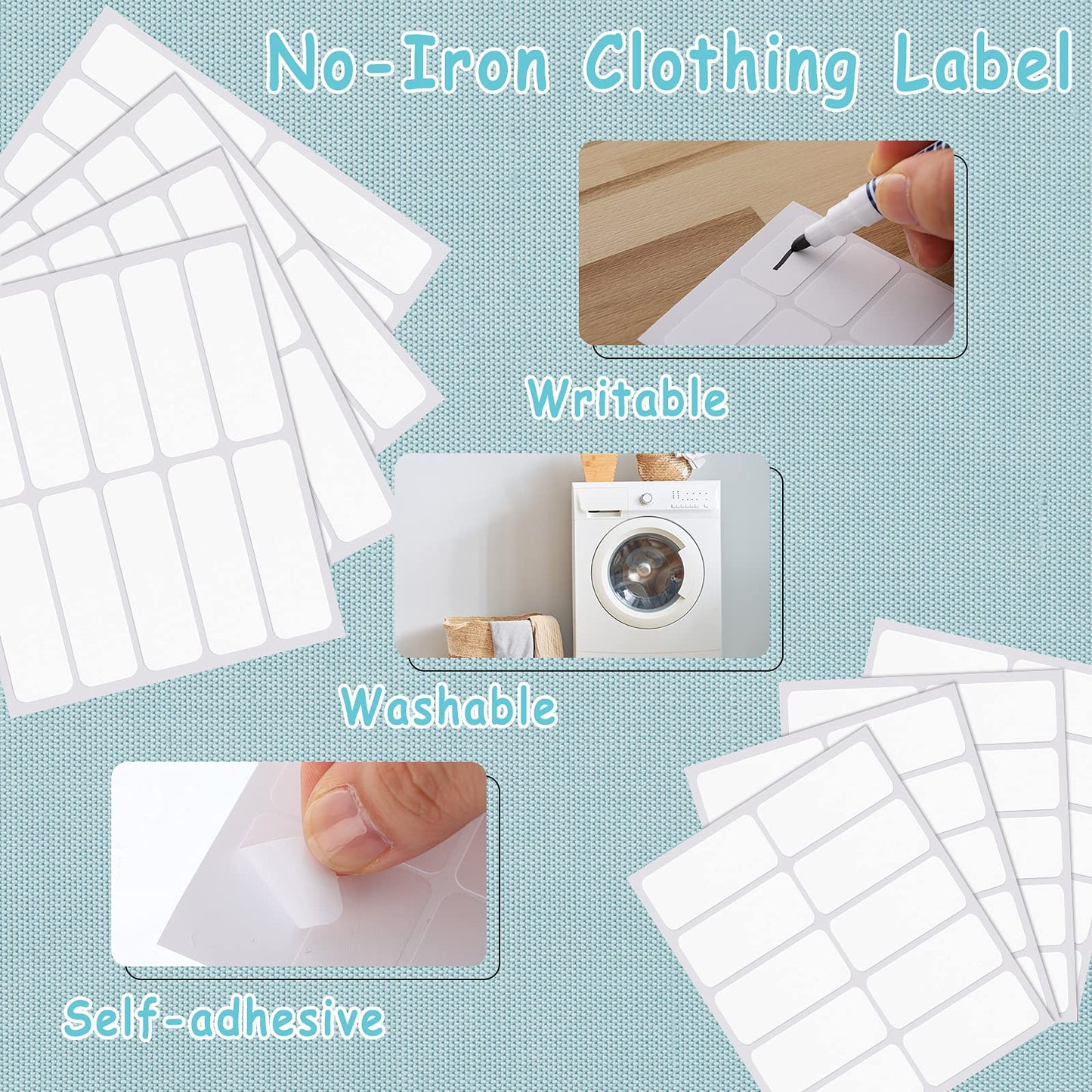 Honoson 300 Pcs Clothing Labels No Iron Fabric Labels Washable Name Labels Nursing Homes with Permanent Fabric Markers Camp School Daycare Laundry Shop Supplies, Rectangle, 2 Sizes