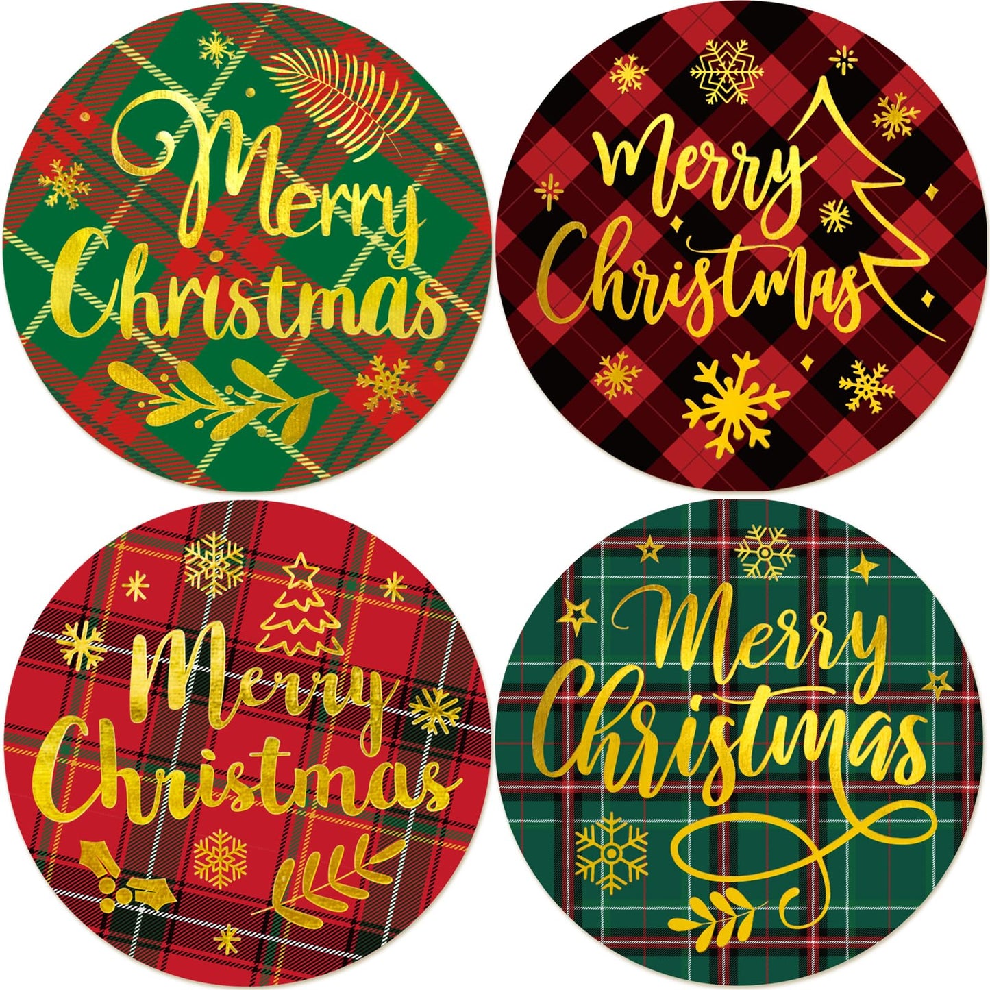 Merry Christmas Stickers Plaid Xmas Gold Foil Sealing Labels for Holiday Envelopes Cards Scrapbook Decor Supplies 100 Pcs