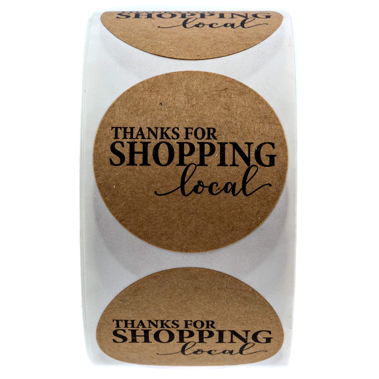 1.5" Round Kraft Thanks for Shopping Local Stickers / 500 Labels Per Roll Kraft Script Local