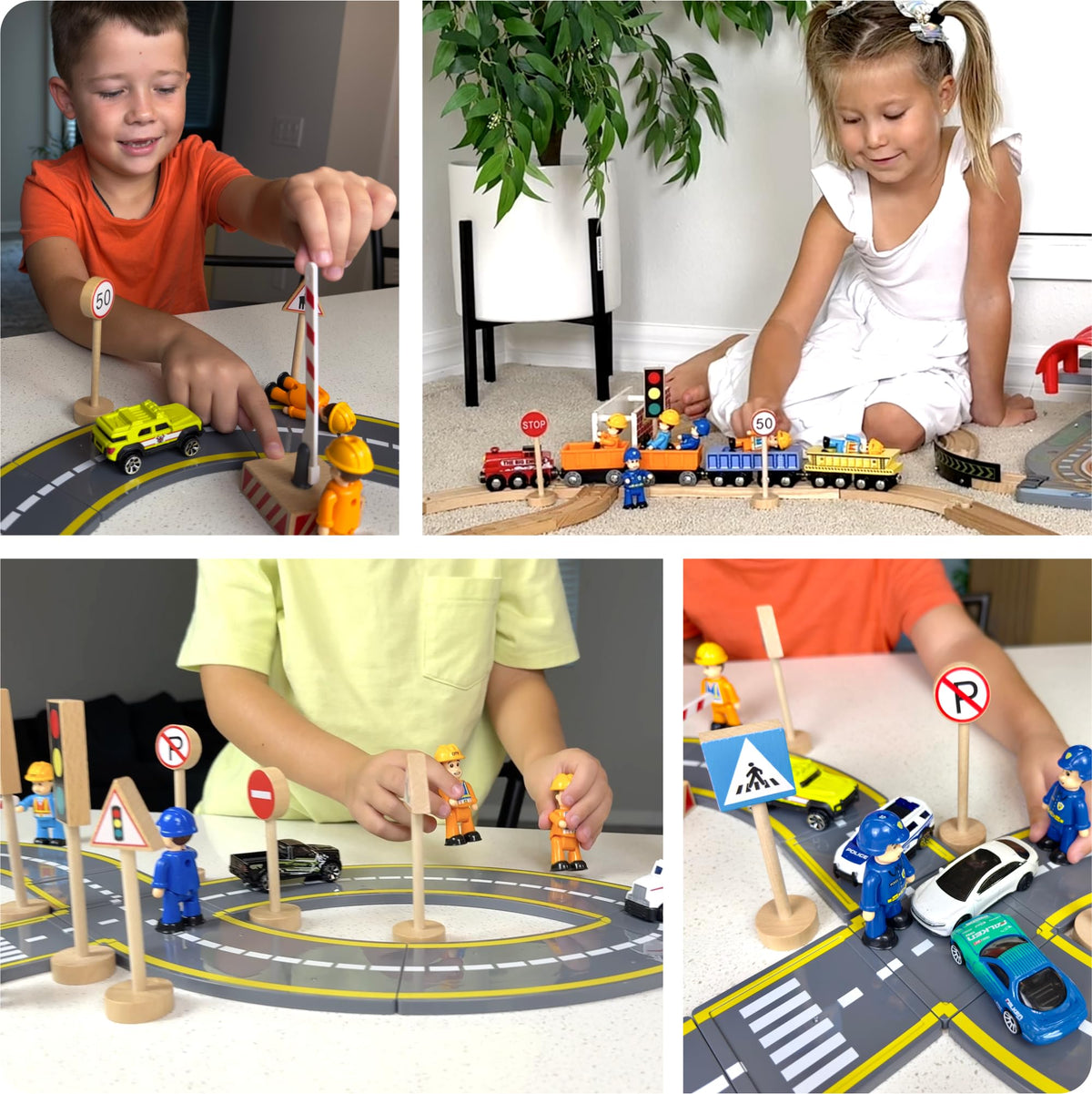 Wooden Traffic Signs & Community Helper Figures Toy Set – Includes Police, City & Construction Workers, Road Signs & Traffic Lights – Works with Train Tracks, Toy Cars, Play Rugs & Mats – Ages 3–10