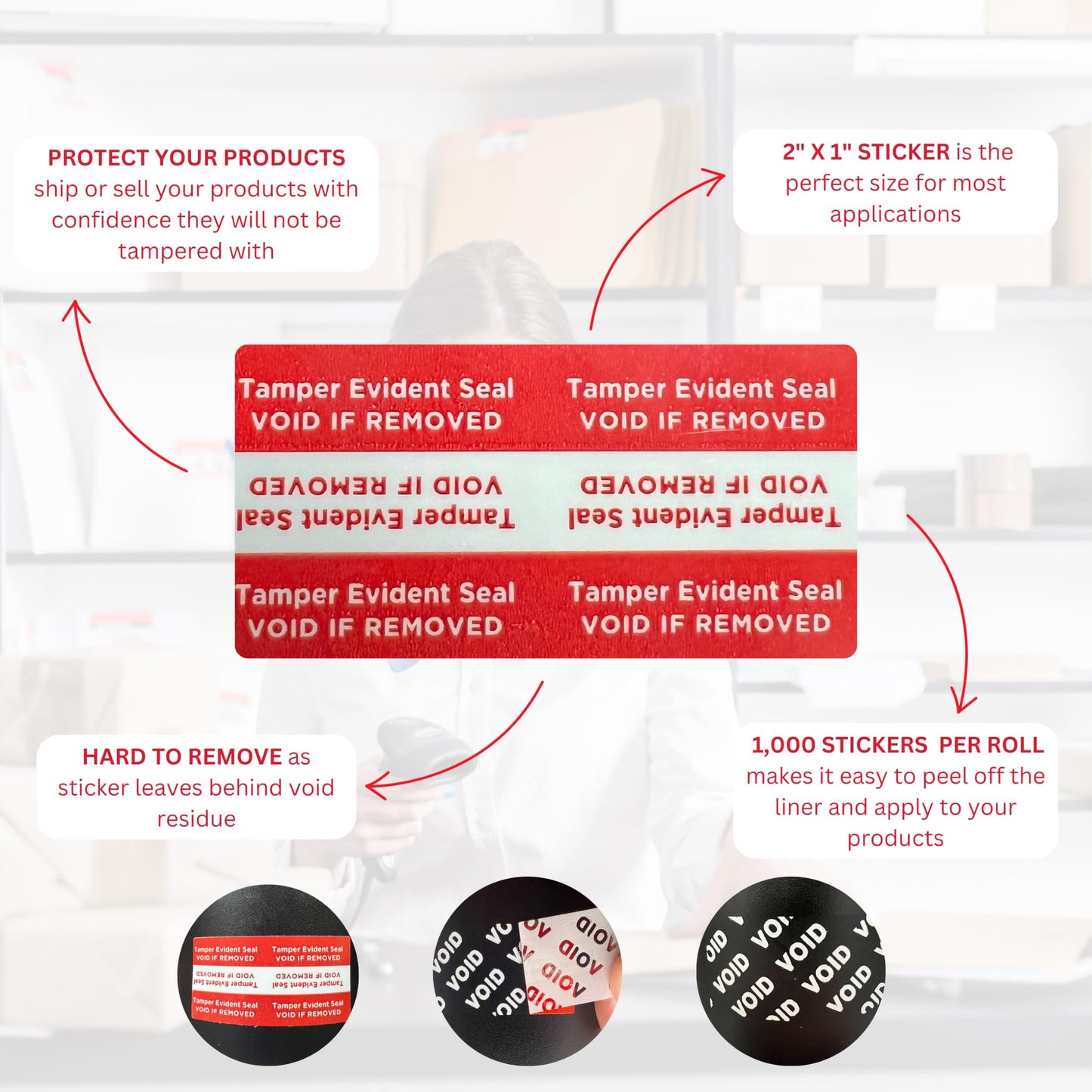 Tamper Evident Stickers, 2" x 1" Security Stickers, 1000 Tamper Proof Labels per Pack