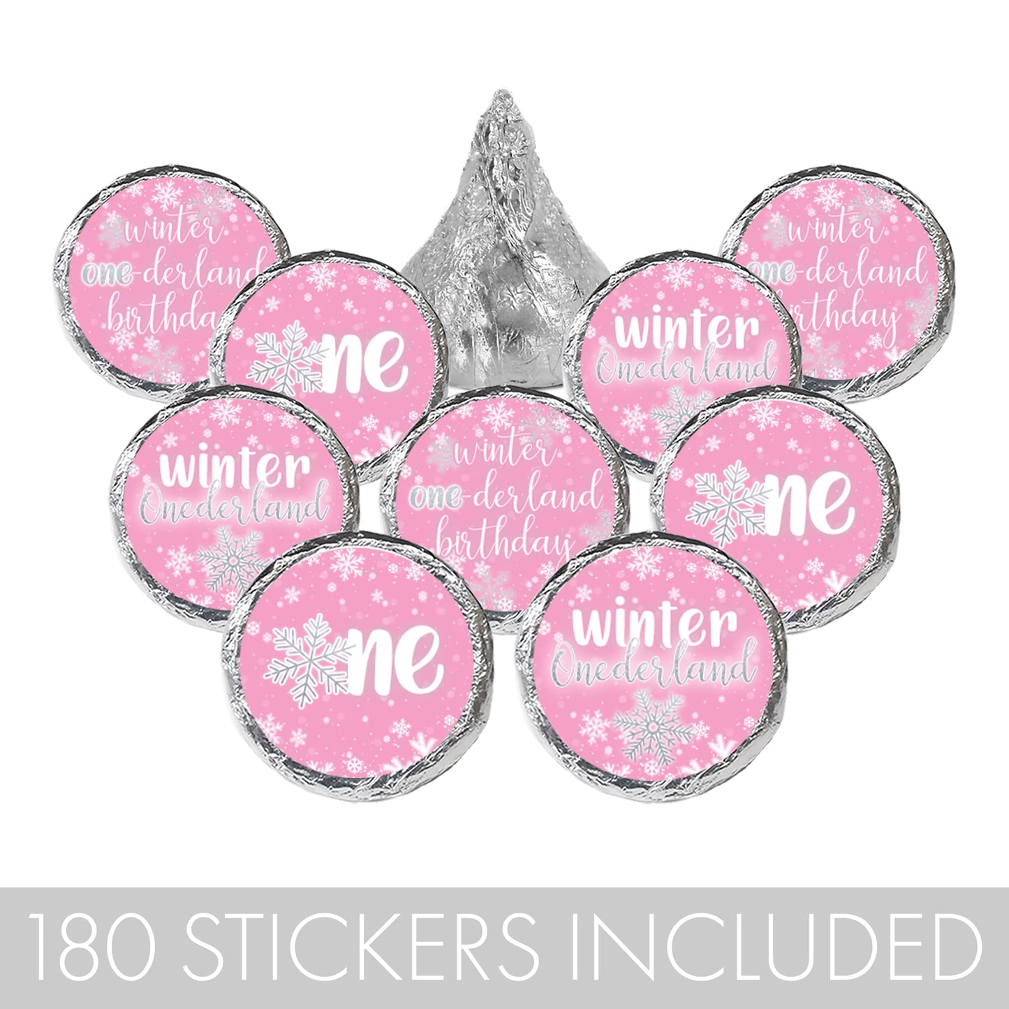 Pink Winter Onederland 1st Birthday Party Chocolate Kisses Candy Stickers, Snowflake First Birthday Party Favors - 180 Count