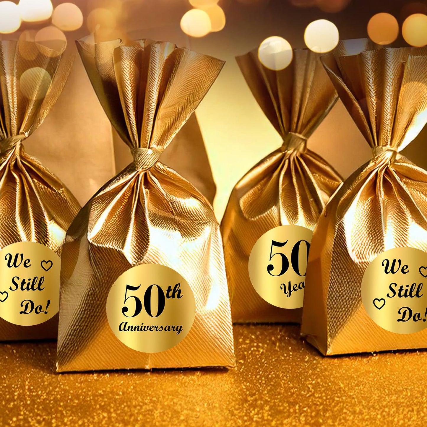 Gold Foil 50th Anniversary Kisses Stickers, (Set of 216) Chocolate Drops Labels Stickers for 50th Wedding Anniversary, Party Favors Decor for Kisses. Made in USA