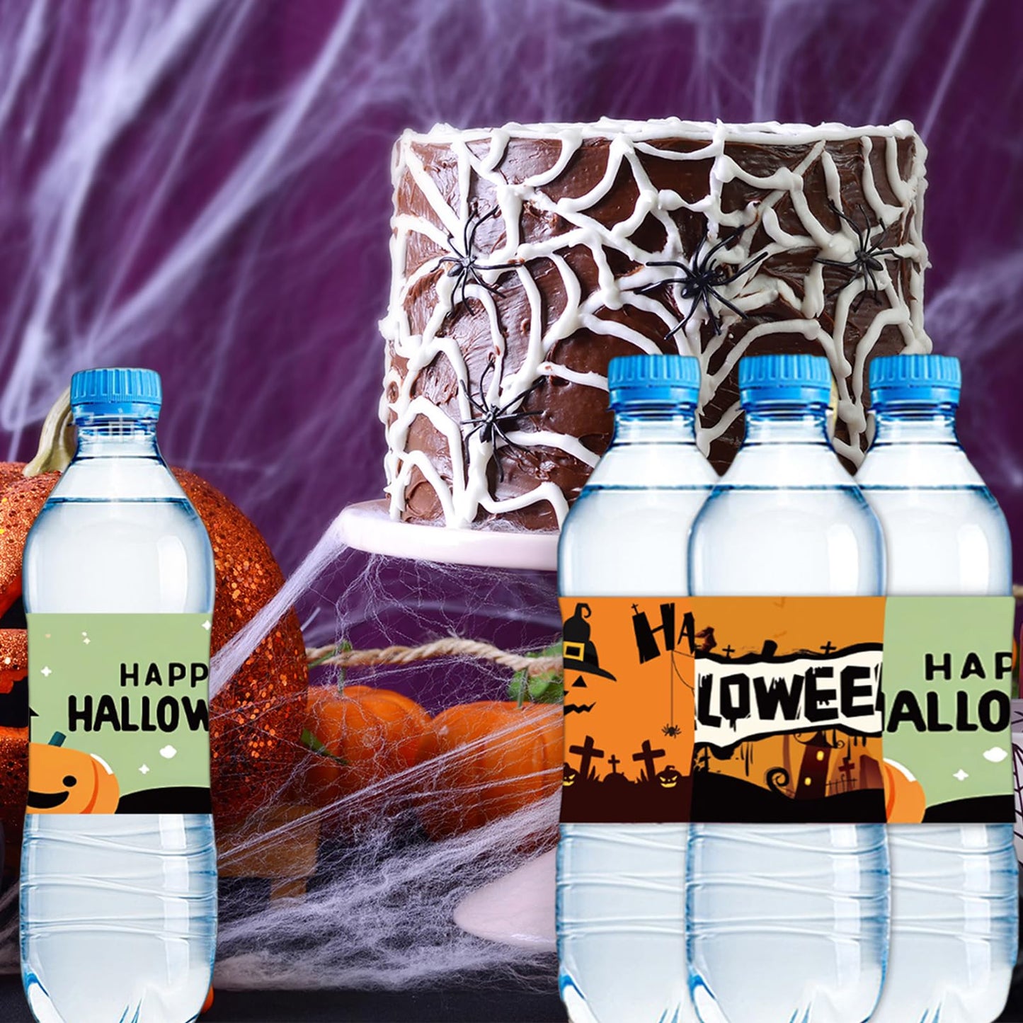 24 PCS Happy Halloween Water Bottle Labels Halloween Bottle Stickers Trick or Treat Stickers, Pumpkin Bat Web Pattern Bottle Labels Stickers for Halloween Party Supplies