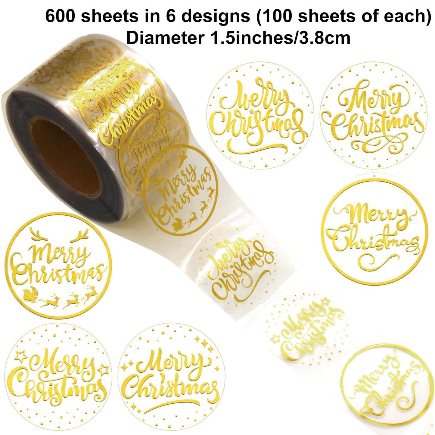 1.5 Inch Christmas Stickers - Gold Foil Merry Christmas & Winter Holiday Stickers for Decorations, Cards, Crafts & Bags