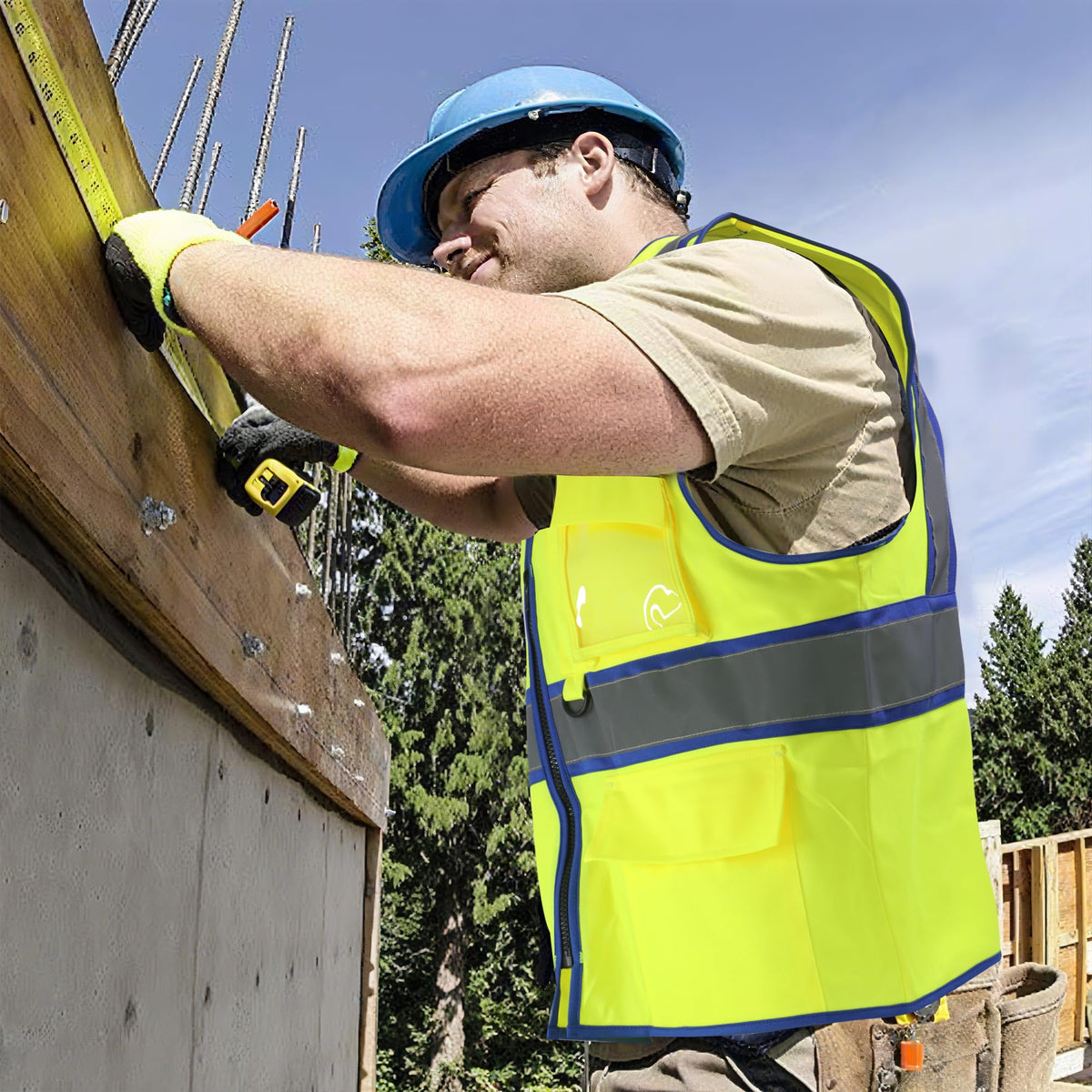 AYKRM High Visibility Safety Vest - Reflective Work Vest with 5 Reinforced Pockets Small Blue