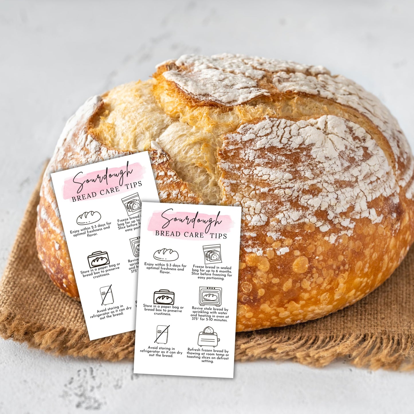 Sourdough Bread Care Instruction Cards | 50pk 2x3.5” Storage Bakery Starter Client Packaging Cinnamon Roll Labels Tips Store Labels Stickers