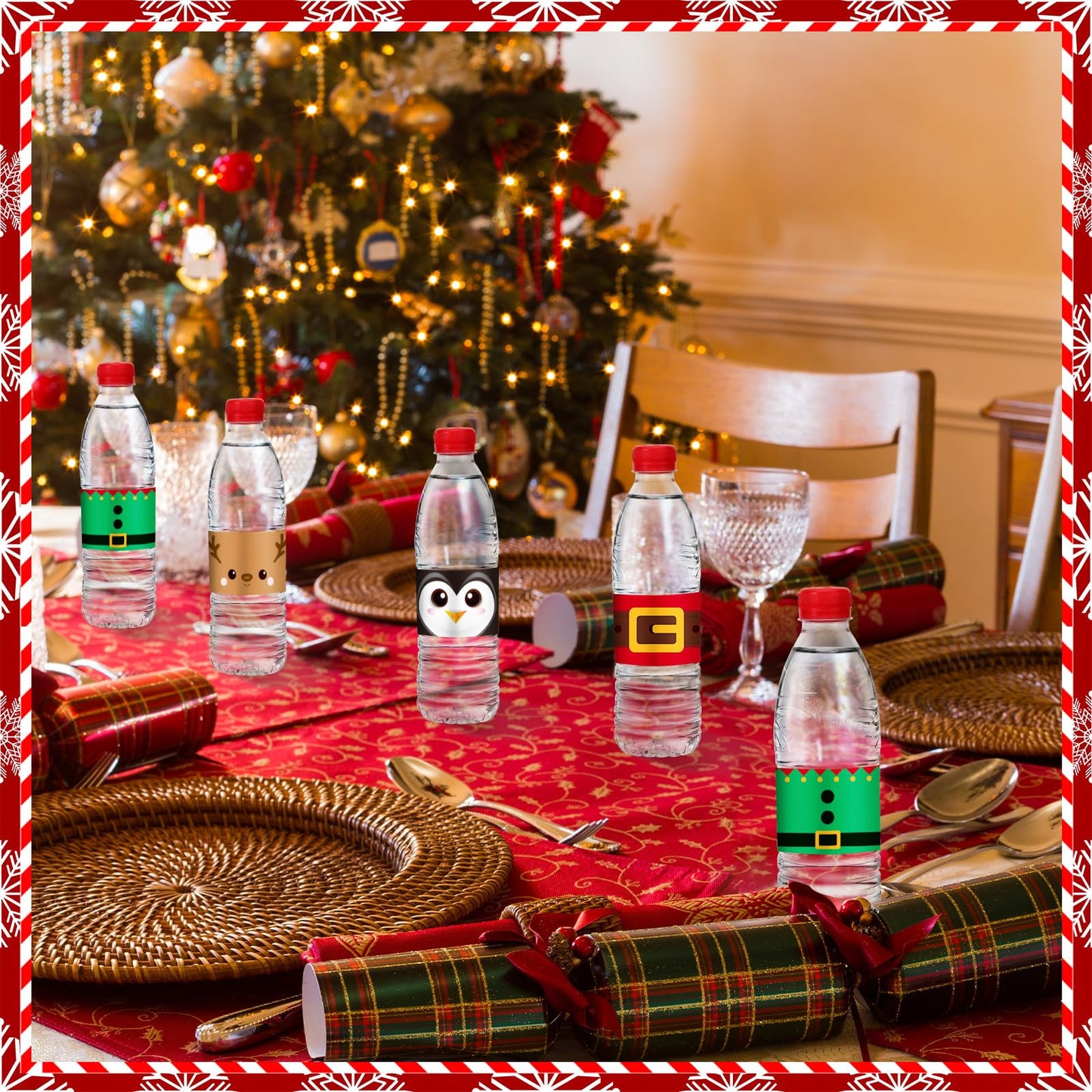 100 Pcs Christmas Water Bottle Labels Merry Christmas Water Bottle Sticker Wrappers Xmas Labels Waterproof Santa Reindeer Snowman Party Favors for Party Decorations