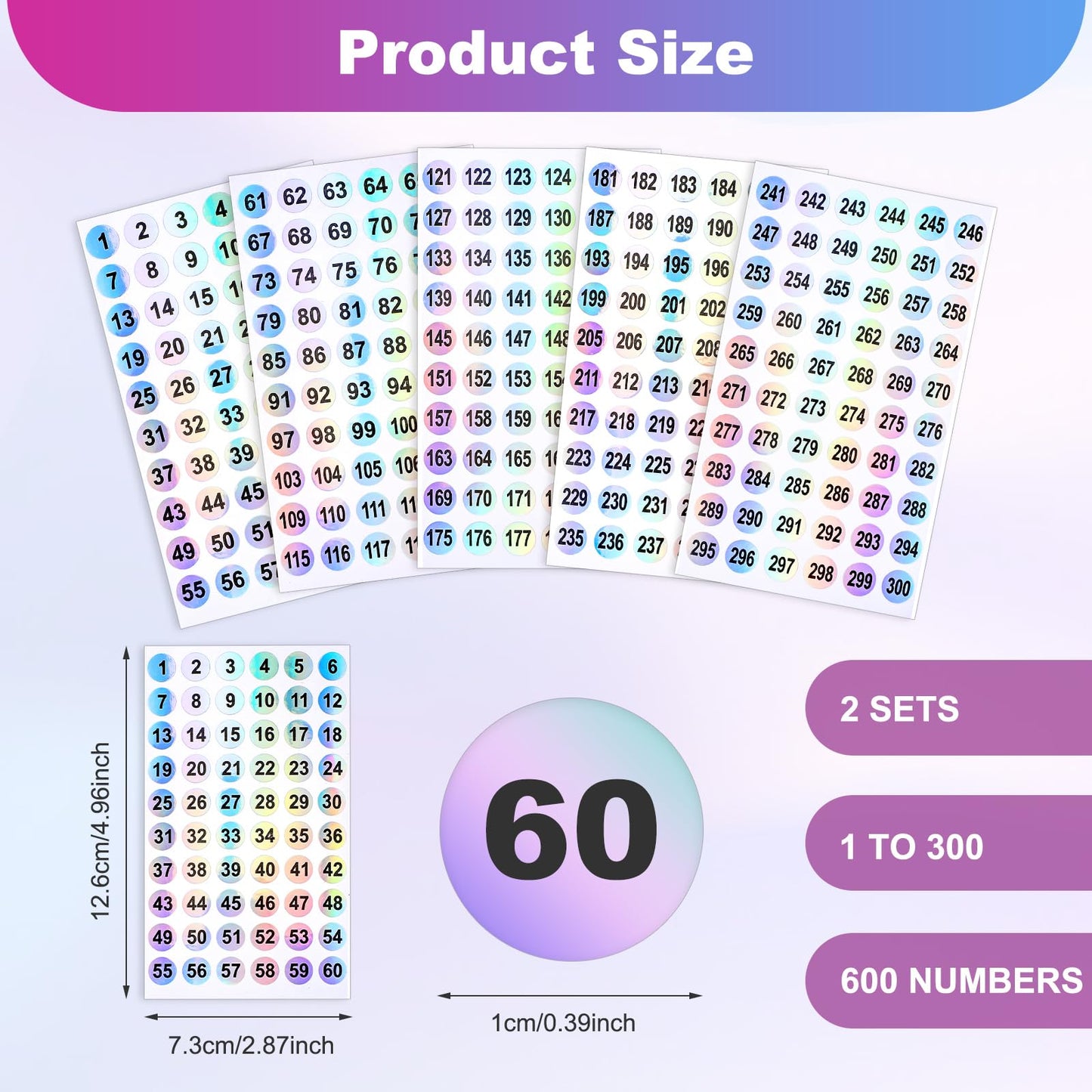 Molain 1-300 Number Stickers, 10 Sheets Self Adhesive Label Stickers Waterproof Round Stickers Reflective Laser Number Stickers Consecutively Numbered Labels for Storage/Organizing