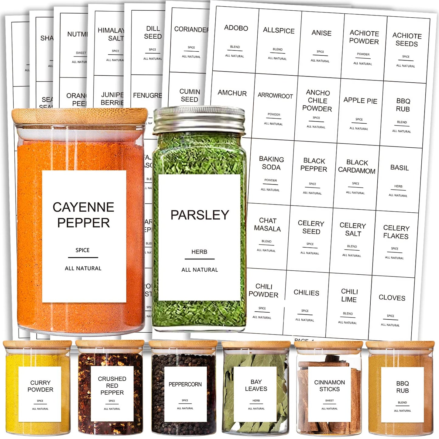 191 Spice Jar Labels Preprinted Minimalist Stickers - White Waterproof Label - Fit Round or Rectangle Spice Jars - Herb Seasoning Kitchen Pantry Labels 191 Spice Labels(no Jars)