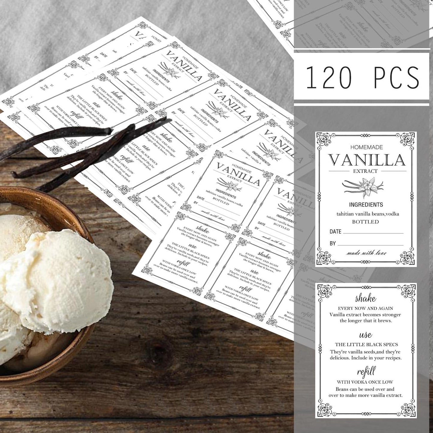 120pcs Homemade Vanilla Extract Stickers with Instructions - 1.5x2 Inch Handcrafted Vanilla Bottle Labels for 2oz, 4oz, 8oz Bottles Black