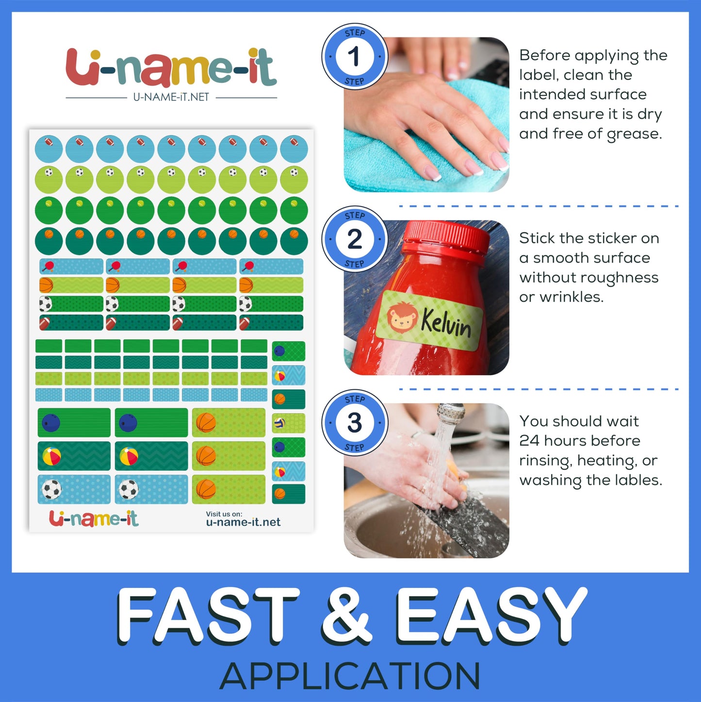 U-Name-It Self-Writing Name Stickers: 100 Personalized Waterproof Labels for Kids, Dishwasher & Microwave Safe, Name Stickers for Daycare, Bottles, School, and Camp, (Sport)