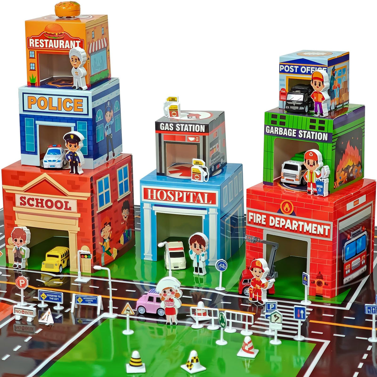 Cinrobiye Community Helpers Sorting and Stacking Set with Wooden Figures Traffic Signs Vehicles Modern City Mat Vehicle Preschool Learning Montessori Game Nesting Boxes for Boys Girls Birthday Gift