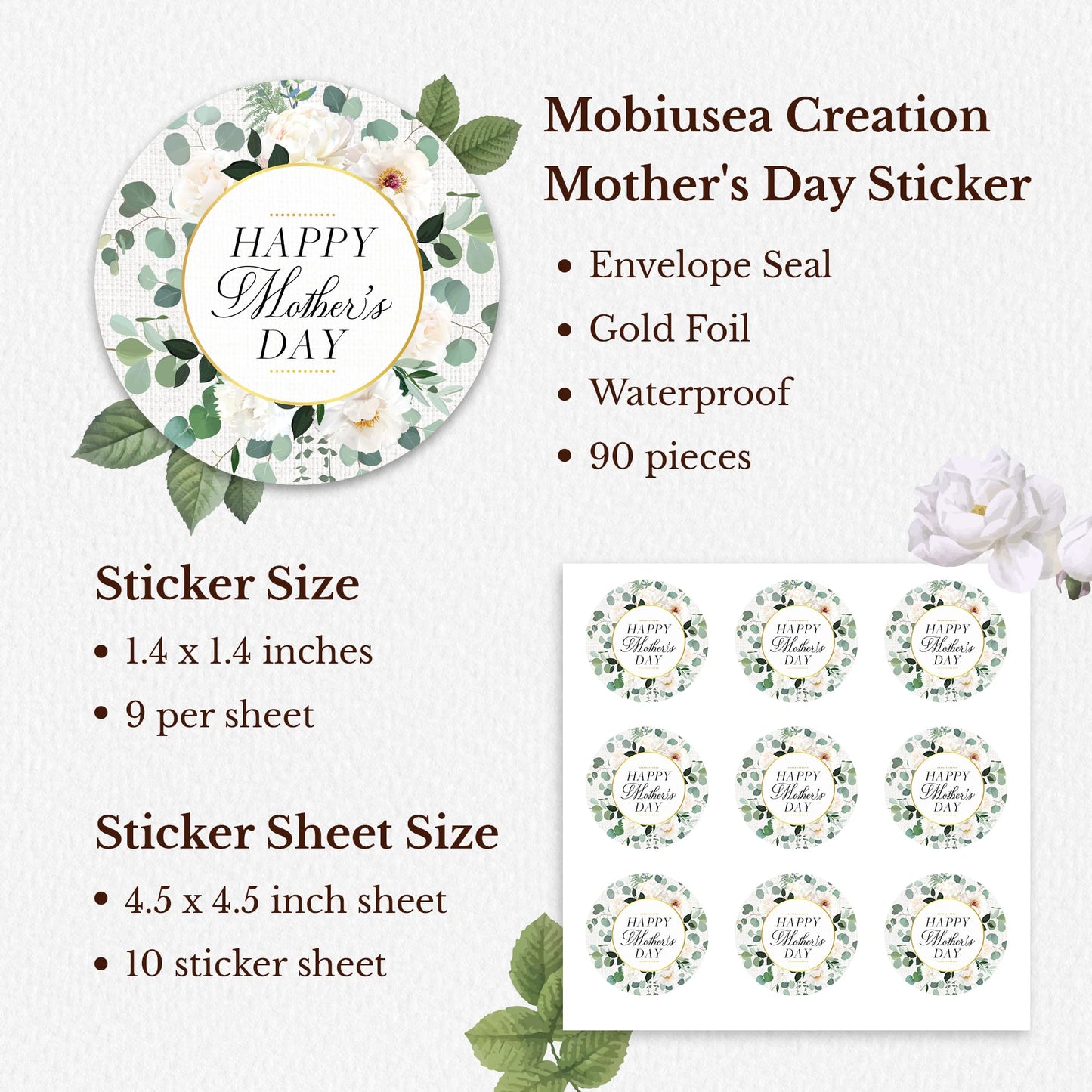 Mobiusea Creation Mothers Day Stickers | 90-Pack Stickers for Mom's Gifts and Mom's Card | 1.4 inch | Gold Foil | Happy Mother's Day Sticker | Greenery Floral Happy Mother's Day Labels