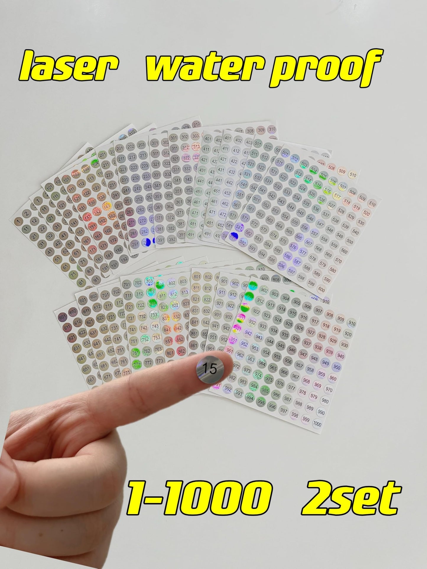 20 Sheets 1 to 1000 Round Reflective Laser Number Stickers Self -Adhesive Label StickersCoding stickers to help DIY nail art number inventory(2 Set, 10mm)