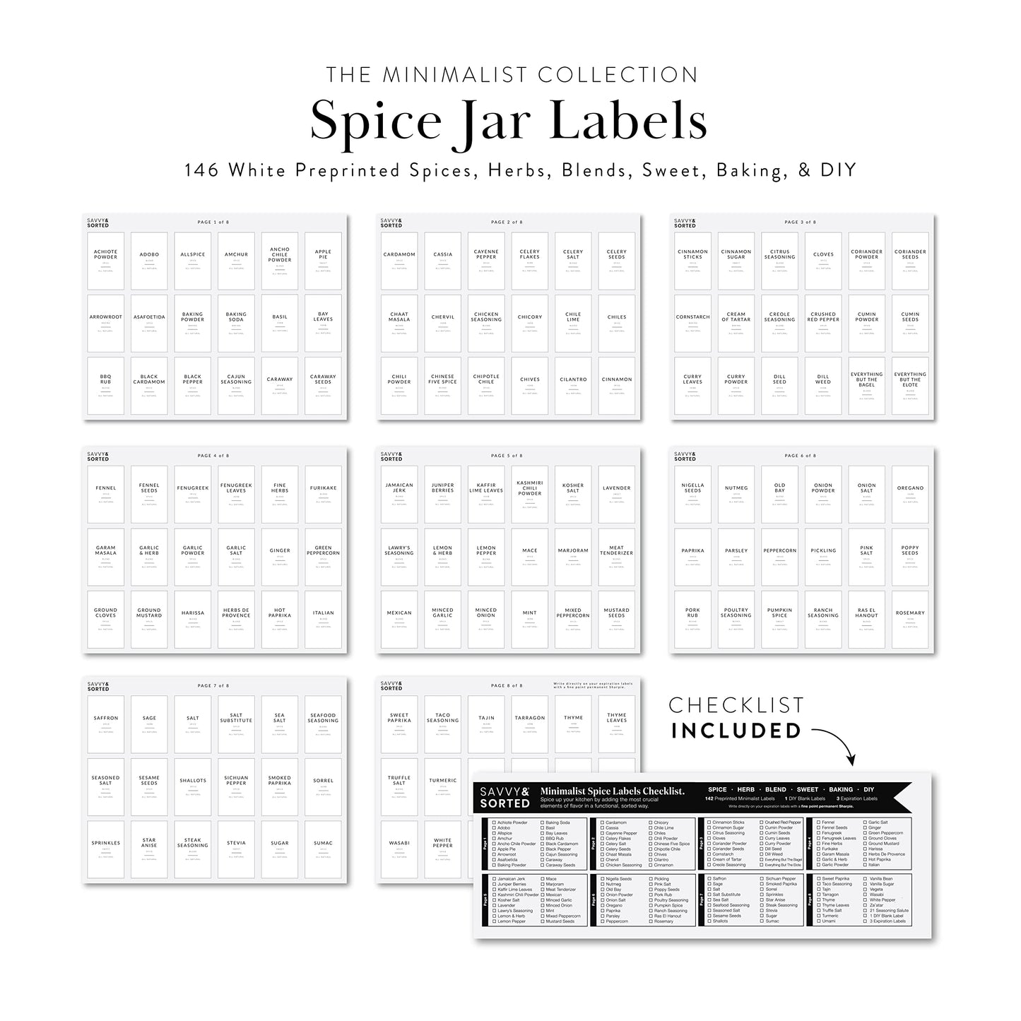Minimalist Spice Labels for Spice Jars - 146 Spice Jar Labels Stickers for Containers - Spice Stickers Preprinted - Spice Organising Herb Seasoning Kitchen Pantry White Rectangle Spice Labels