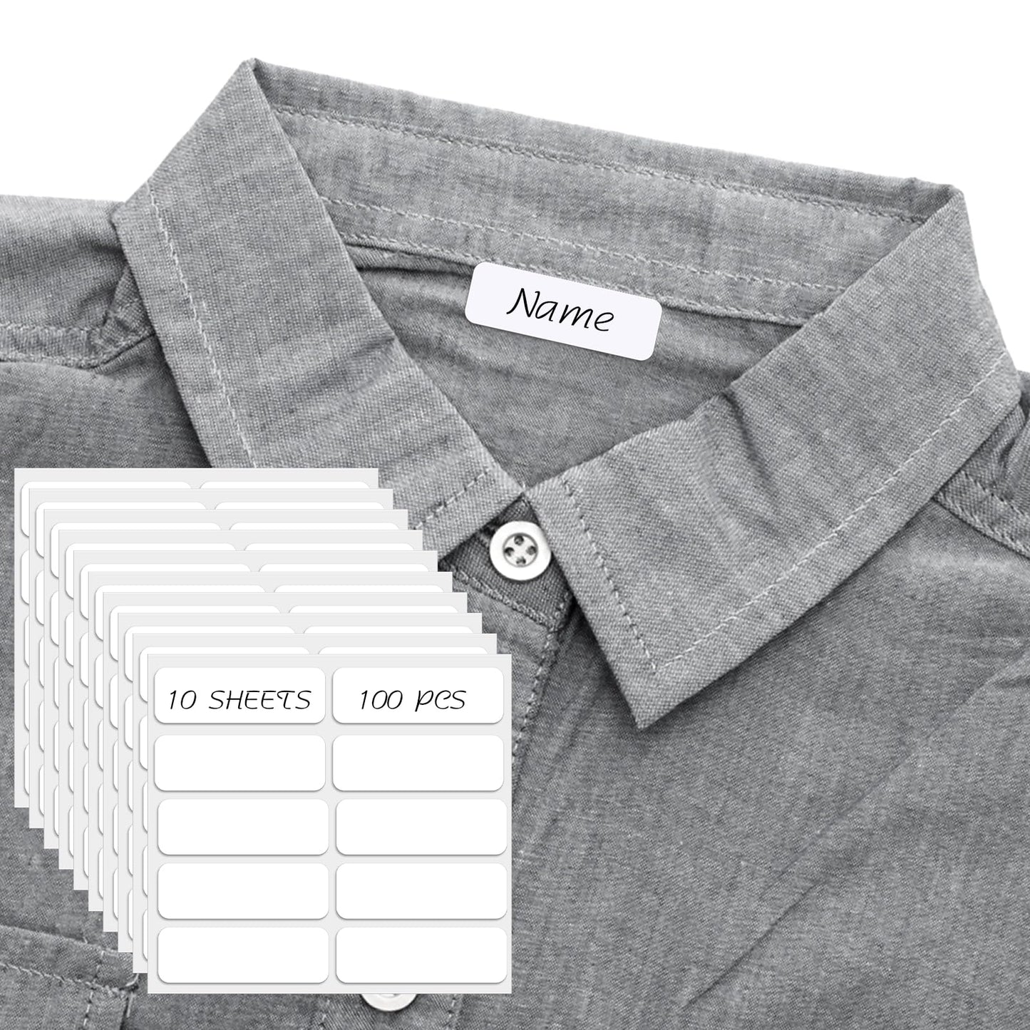 100 Pcs No-Iron Labels for Clothes Washable, Self-Adhesive Personalized Name Labels 1.8" x 0.6" Clothing Labels for School Kids Daycare Nursing Homes Camp Laundry Shop Washer & Dryer Safe 1.8" x 0.6"