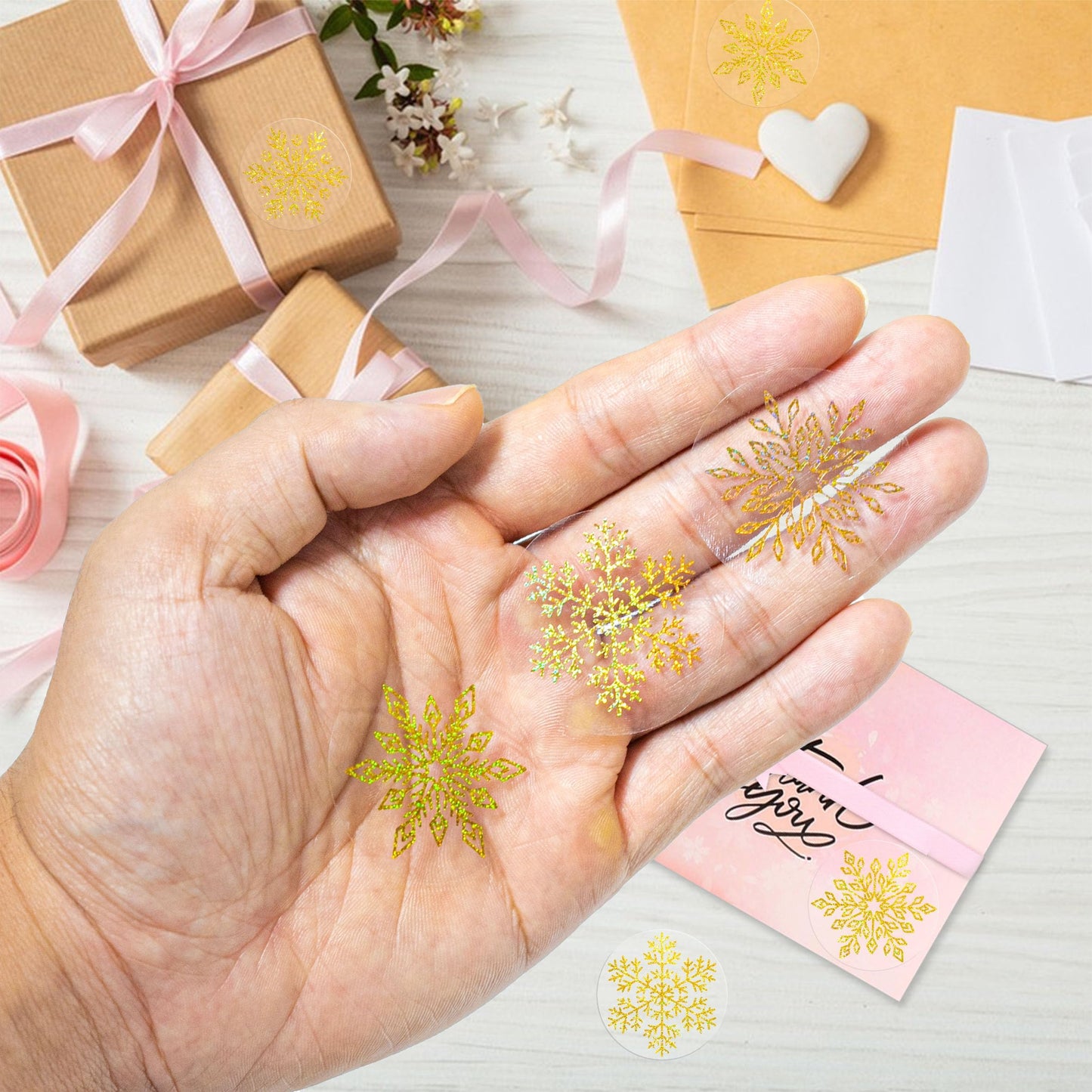 Lesnala 1000Pcs Gold Foil Snowflake Stickers Roll Clear Holographic Christmas Label Round Self Adhesive for Xmas Winter Envelopes Present Decor 8 Styles Golden