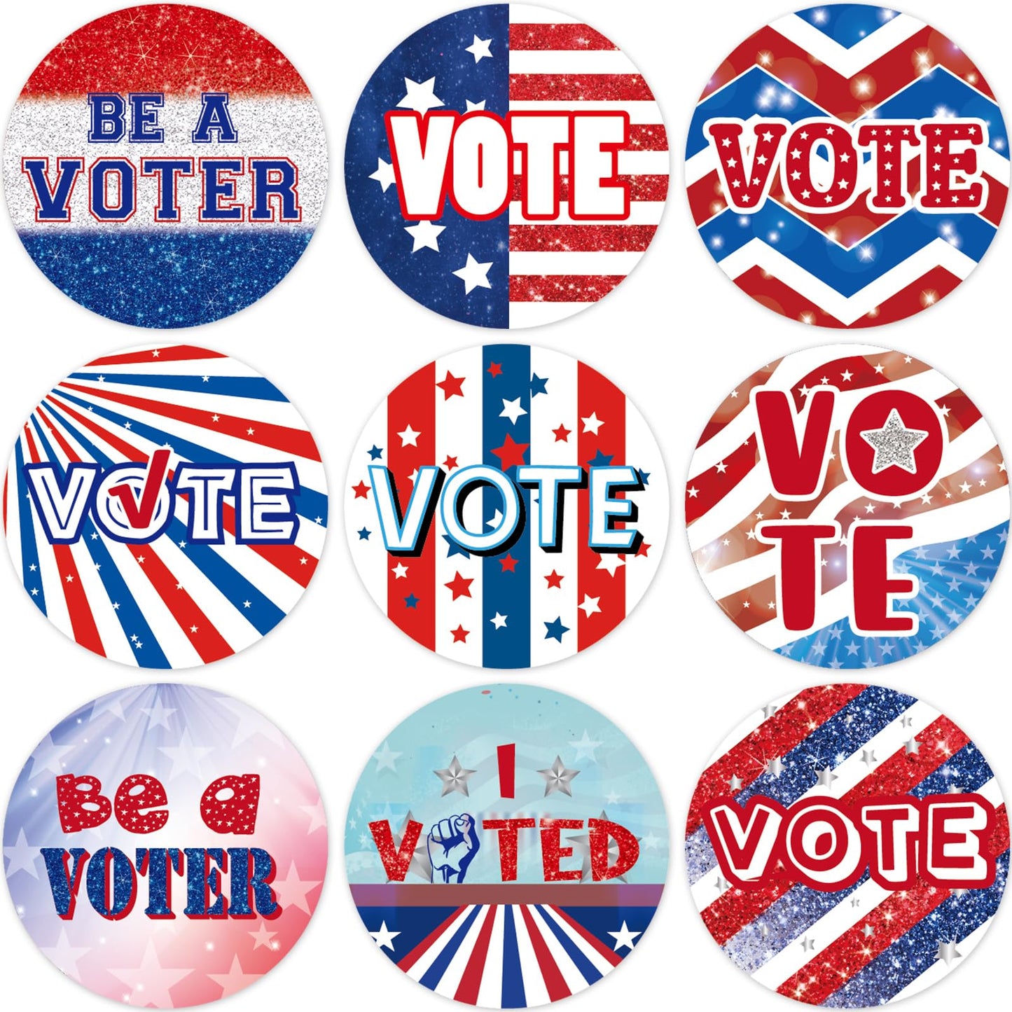 500 Pcs Vote Stickers Roll Glitter White Red Blue Self Adhesive Labels Patriotic for Election Votes Campaigns Voting Supplies