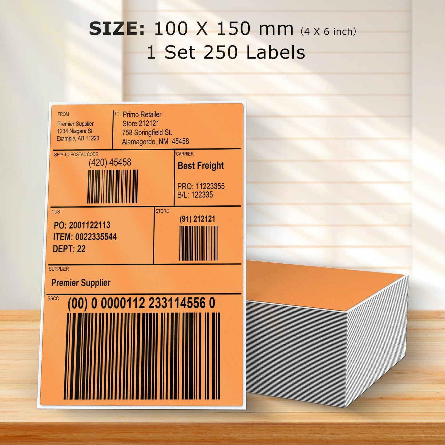 Orange Thermal Labels 4 × 6 Inch Vinyl Fanfold Self-Adhesive Stickers Perforated Waterproof Shipping Printer Decals for Barcode Address Mailing 250 PCS Orange