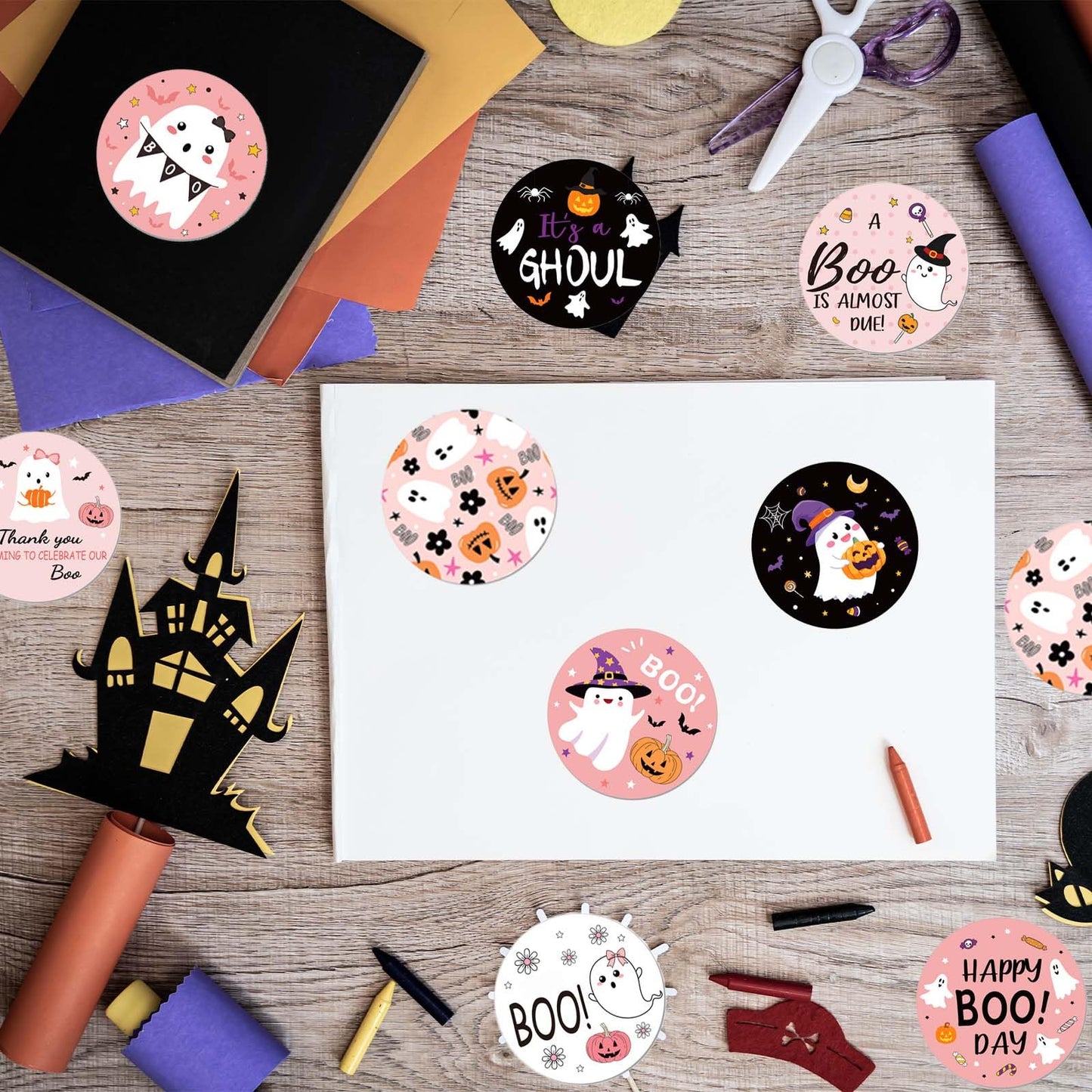 1000Pcs Halloween Stickers Roll Pink Black Cute Ghost Boo Self-Adhesive Round Stickers for Halloween Party Gift Bags Self-Sealing Supplies, 8 Design