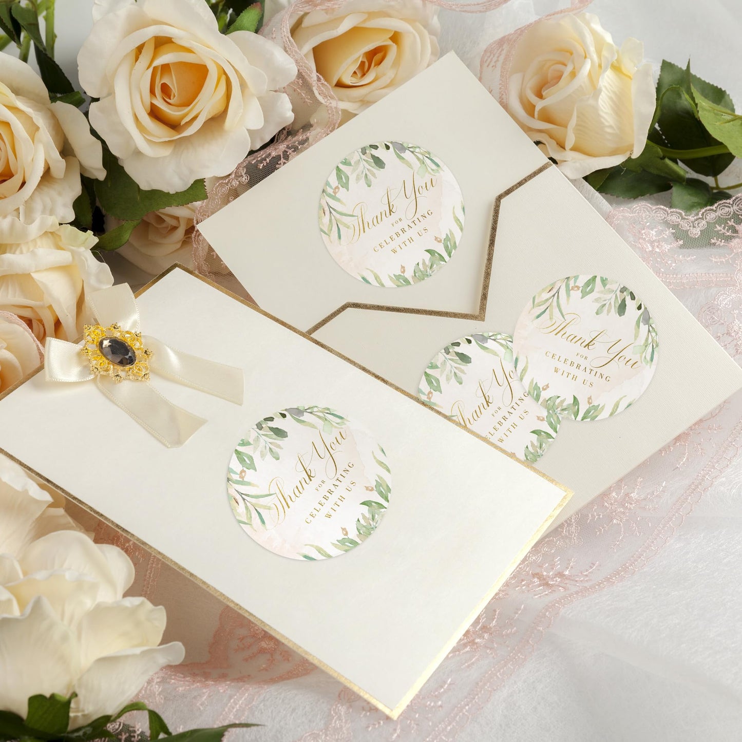 Rustic Greenery Wedding Thank You Labels Thank You for Celebrating with Us Stickers | 2 inch | Gold Foil | 60pcs Waterproof Favor Labels for Wedding, Bridal Shower, Baby Shower