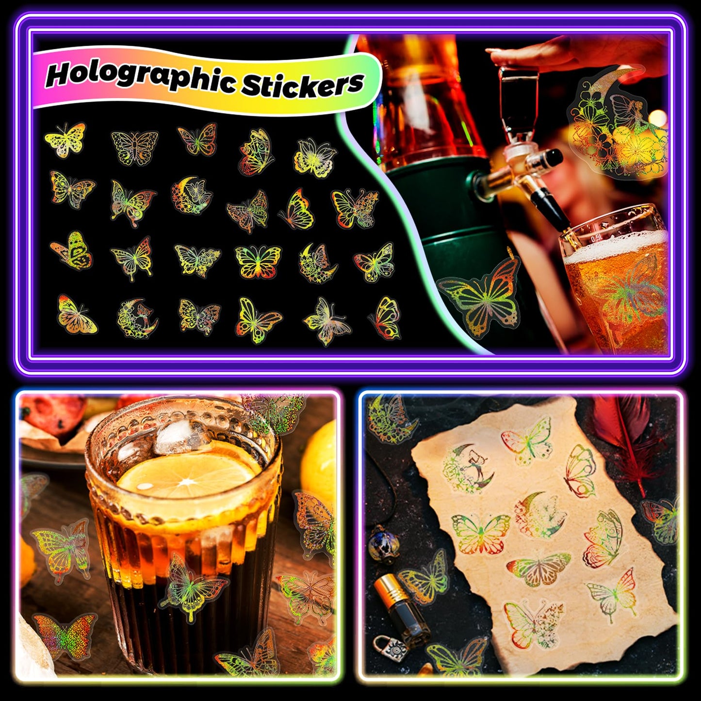 100PCS Holographic Butterfly Stickers, Gold Laser Transparent Waterproof Stickers, Self-Adhesive Labels for Scrapbooking, Water Bottles, Journals, Laptops, Wall Decoration