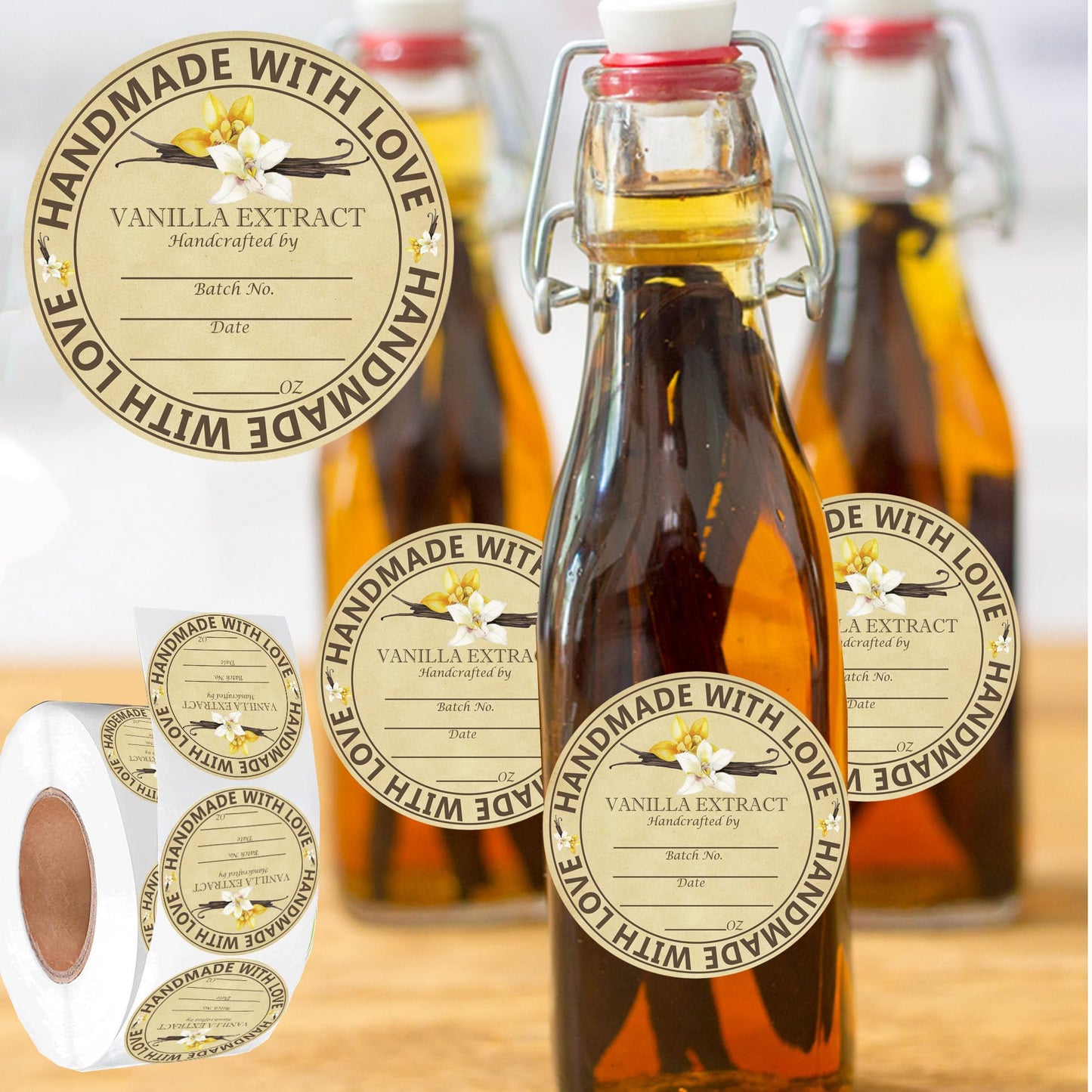 250pcs Vanilla Extract Sticker 2 Inch Round Gloss Brown Homemade Vanilla Labels Christmas Vanilla Homemade with Love Stickers for Handcrafted Vanilla Bottles Jar Kitchen Pantry (2 inch, Color2)