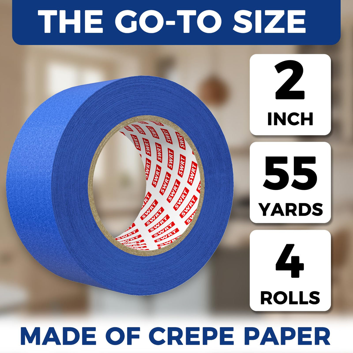 SWRT Blue Painters Tape 2 Inch x 55 Yards, 4 Rolls (220 Yards Total), Blue Masking Tape for Painting, Clean Removal Multi-Surface Paint Tape for Walls, Trim, DIY & Crafts