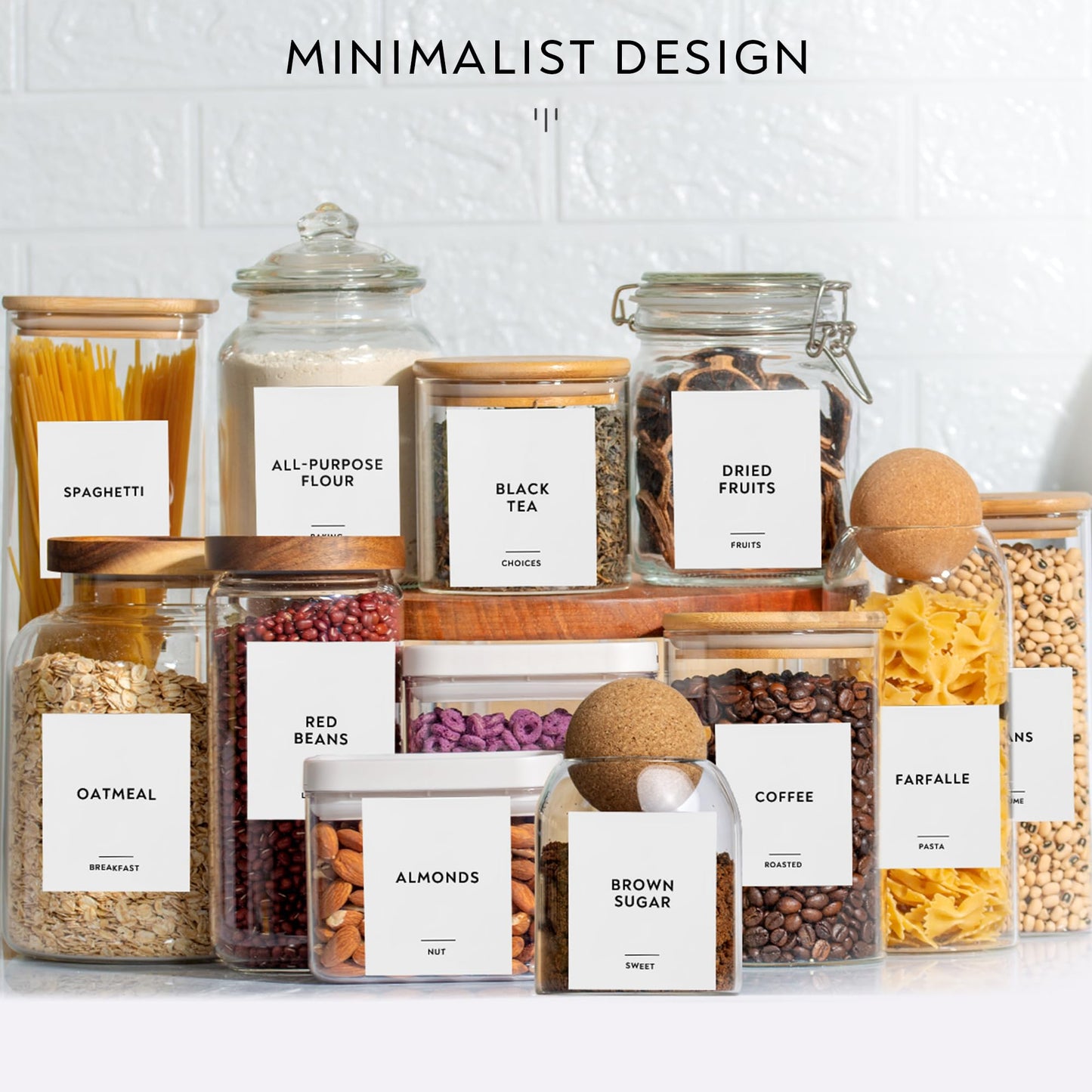 351 Ultimate Pantry Label Set, Black Text on White Vinyl Waterproof Label Sticker with Removable Adhesive- Fits on round, square and rectangle jars - Organize pasta, baking, legume and grain Pantry Labels Rectangle X-Large