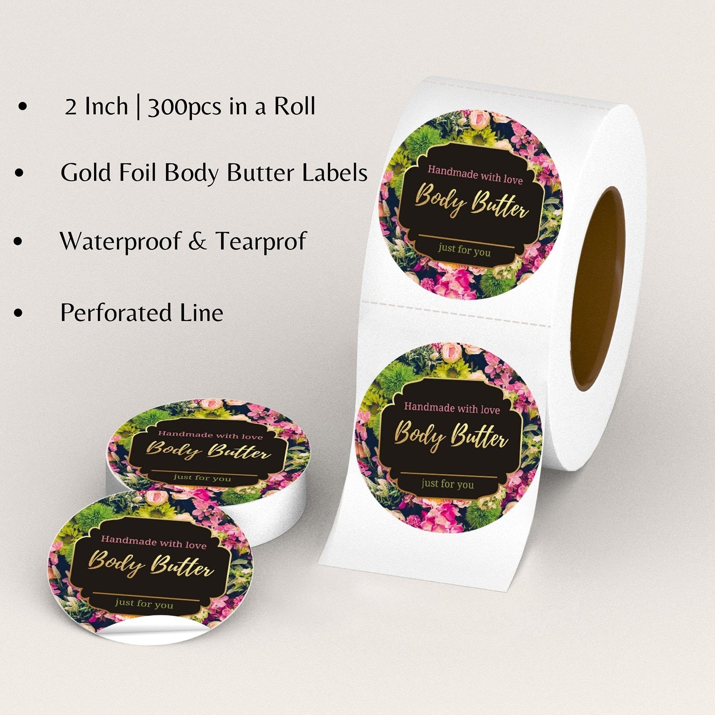 Mobiusea Creation Body Butter Containers Labels Roll | 2 Inch | Gold Foil | 300 pcs Waterproof Stickers for Small Plastic Containers and Jars