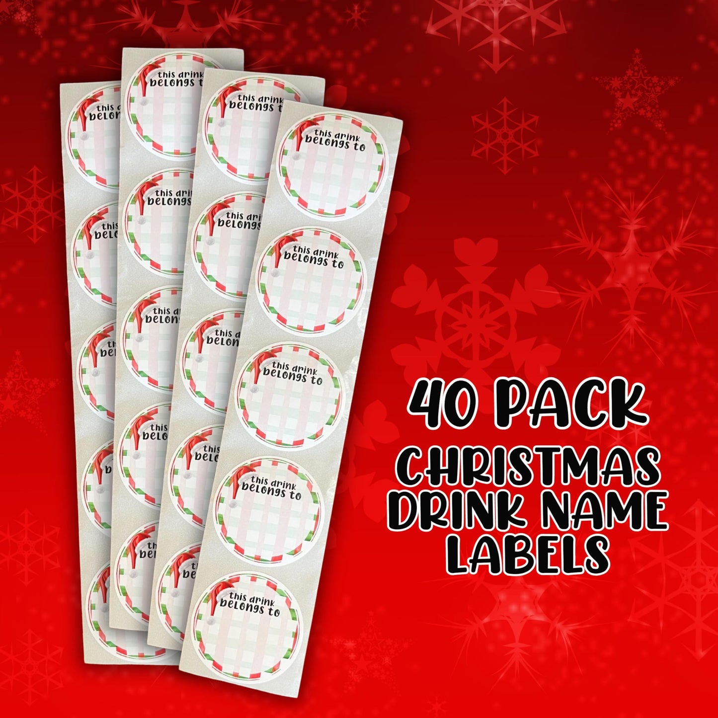 This Drink Belongs to Christmas 2” Sticker for Party Cups | 40 Pack Checkered Minimalist Writing Name on Holiday Parties Drink Label