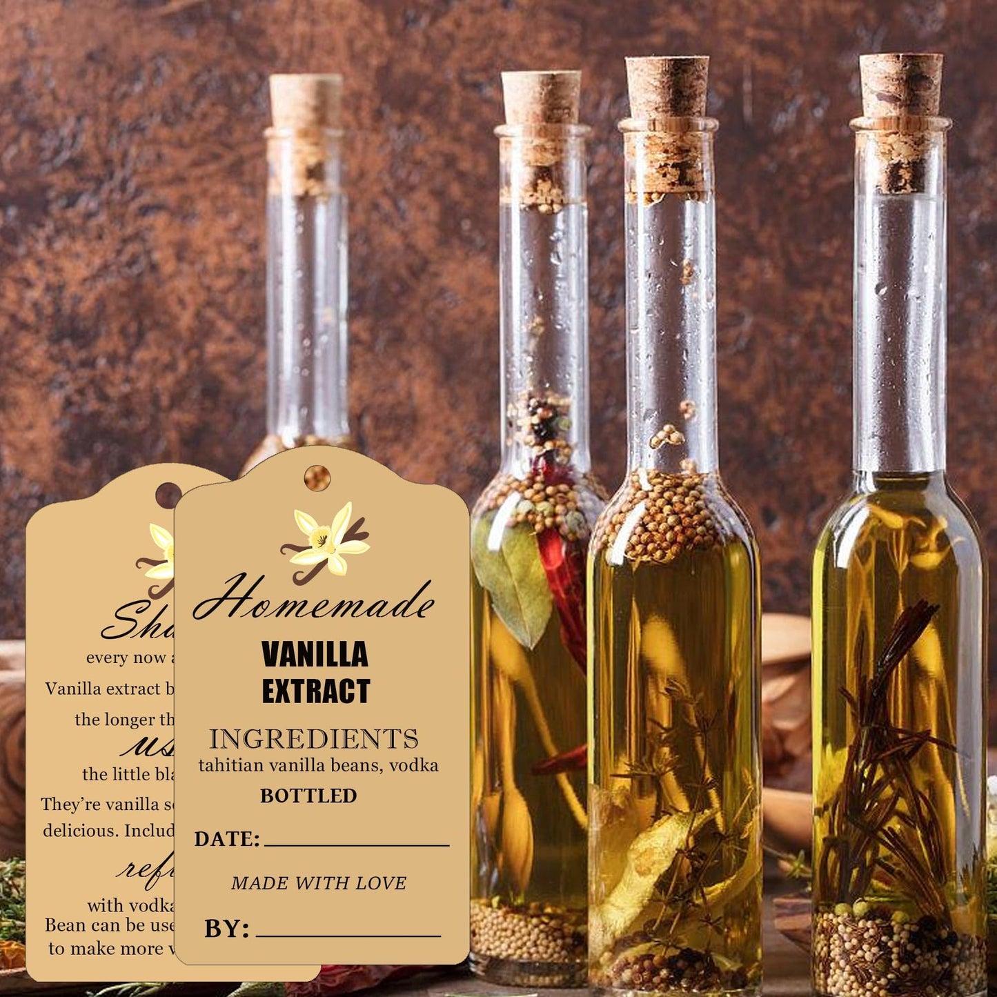 Vanilla Extract Labels with Instructions Homemade Vanilla Tag Card for Handcrafted Vanilla Bottles,Christmas,Kitchen Pantry,Jar,Organization 50 Set