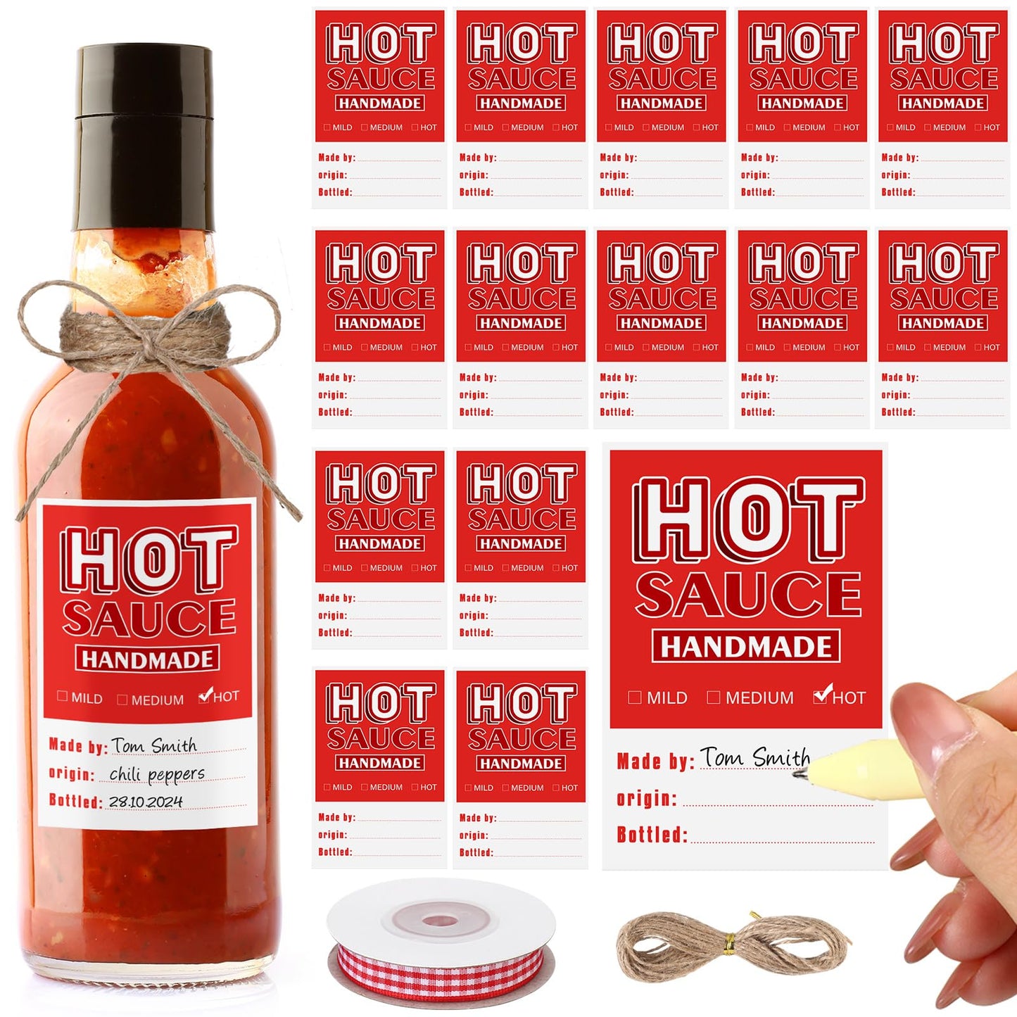 Hot Sauce Labels Spicy Sauce Stickers 3 x 2 Inch Homemade Hot Sauce Labels Bottle Labels with Ribbon and Rope for 4 oz or 8 oz Bottles for Personalized Gifts(Red,Classic) Red Classic