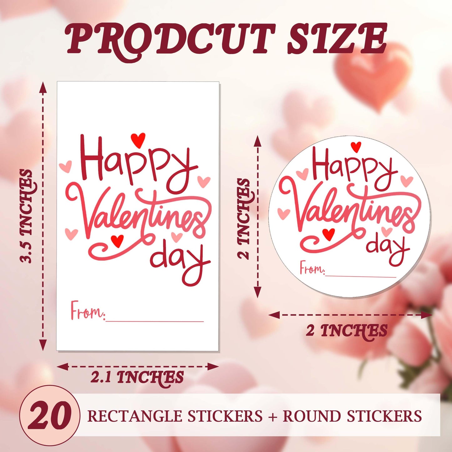Valentine's Day Stickers, 40 Labels (20 Round, 20 Square), Pink Heart Gift & Snack Labels Pink 1
